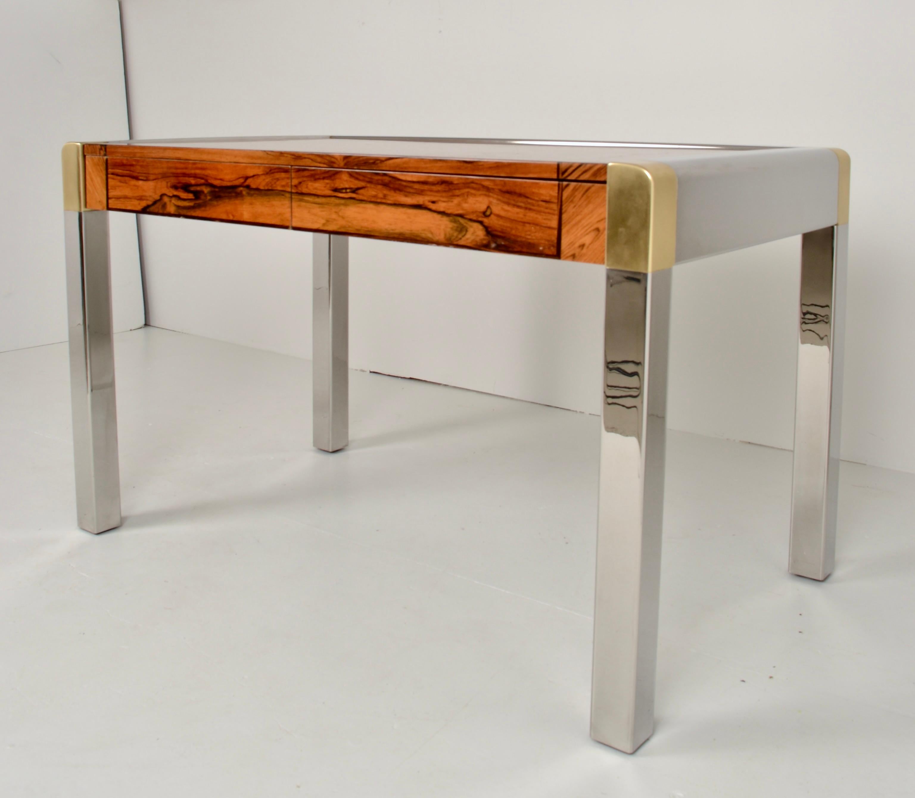 Mid-Century Modern Karl Springer Zebra Wood Writing Table w/ Steel and Brass, USA c 1970s For Sale