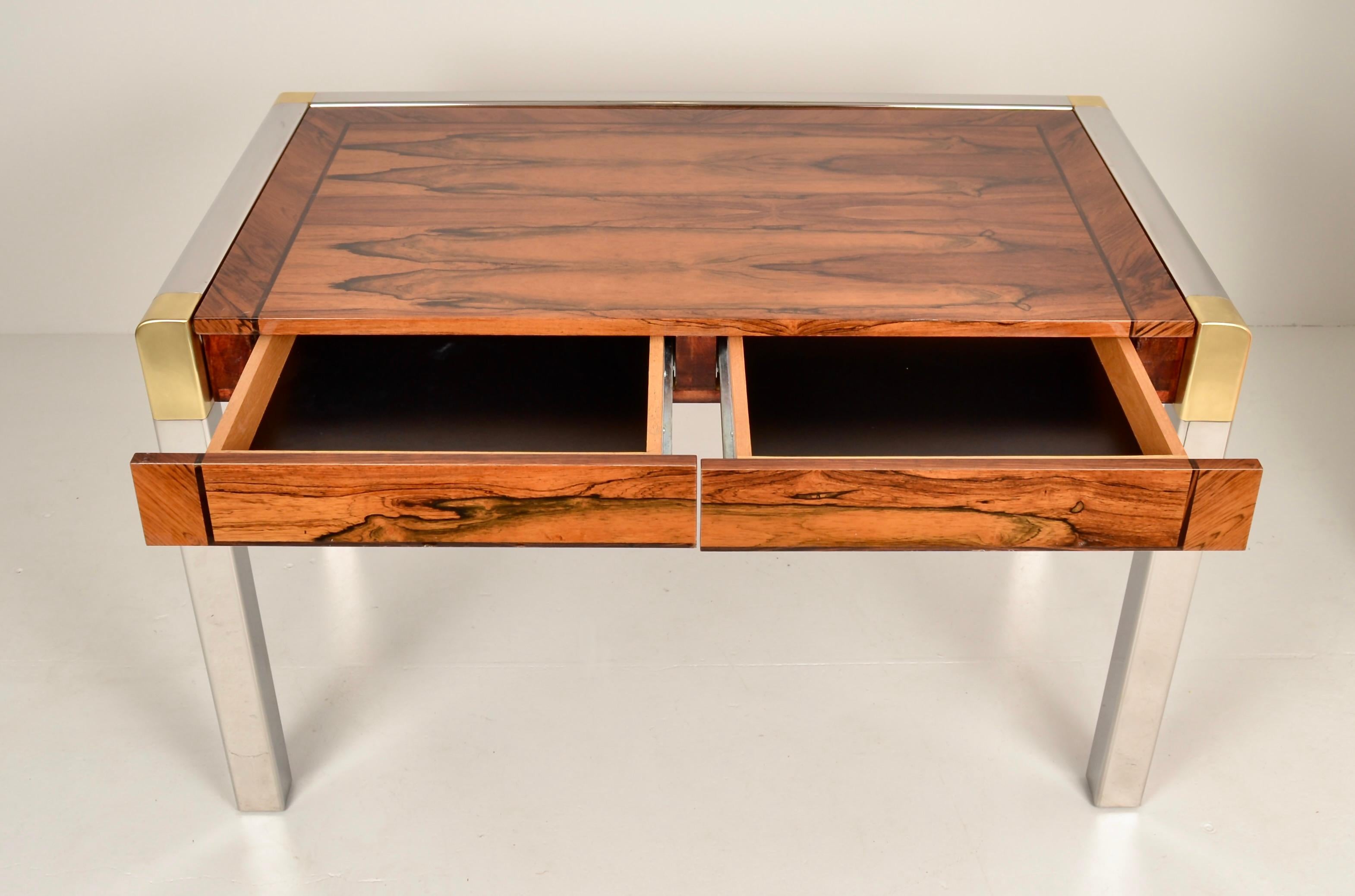 American Karl Springer Zebra Wood Writing Table w/ Steel and Brass, USA c 1970s For Sale