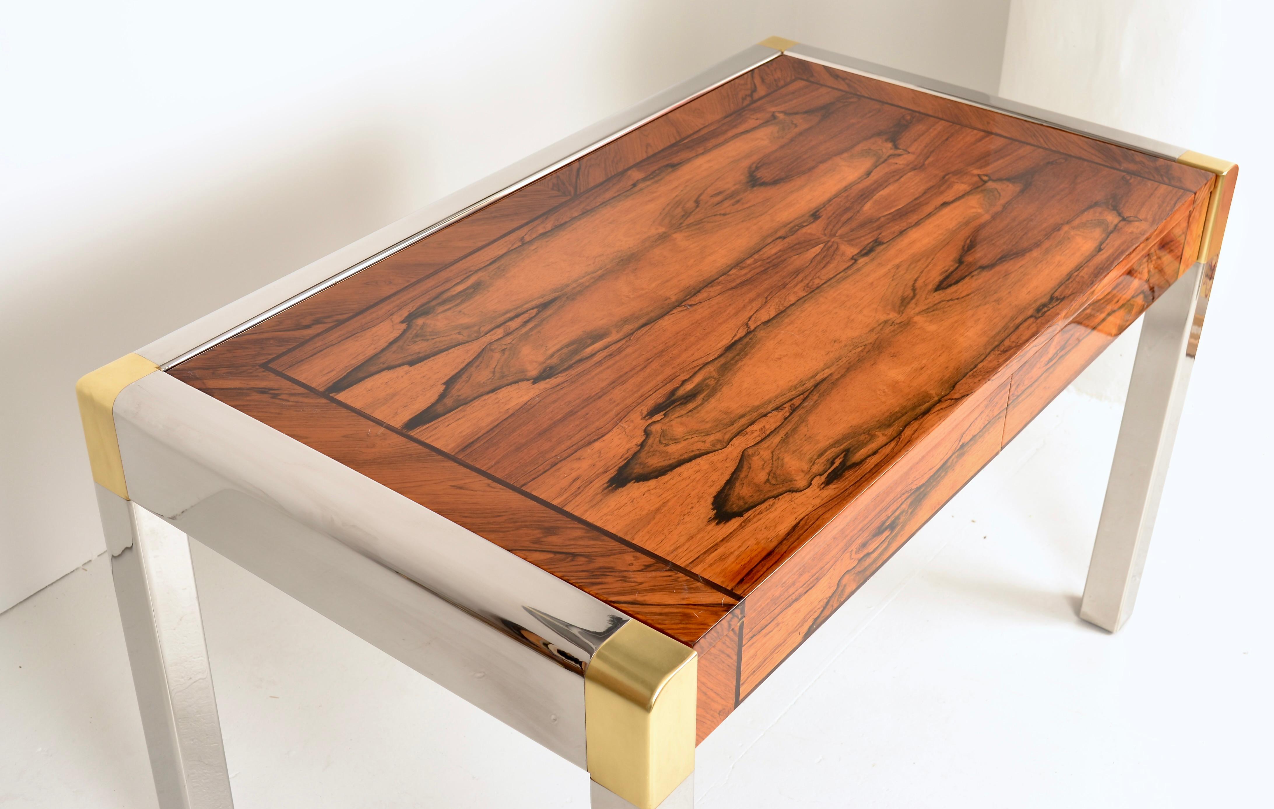 Karl Springer Zebra Wood Writing Table w/ Steel and Brass, USA c 1970s In Good Condition For Sale In Norwalk, CT