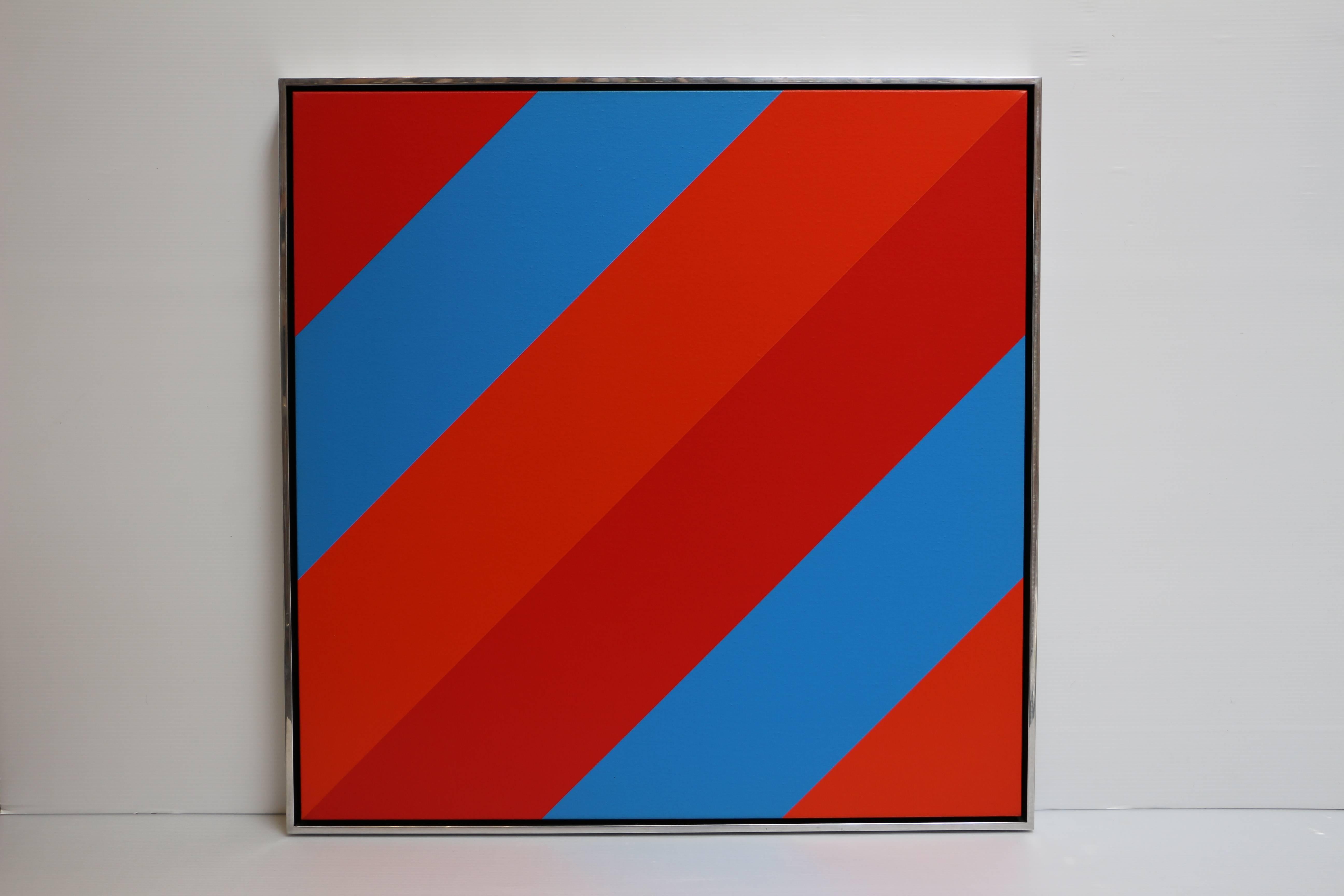 #10, red and blue diagonal striped abstract geometric oil painting - Painting by Karl Benjamin