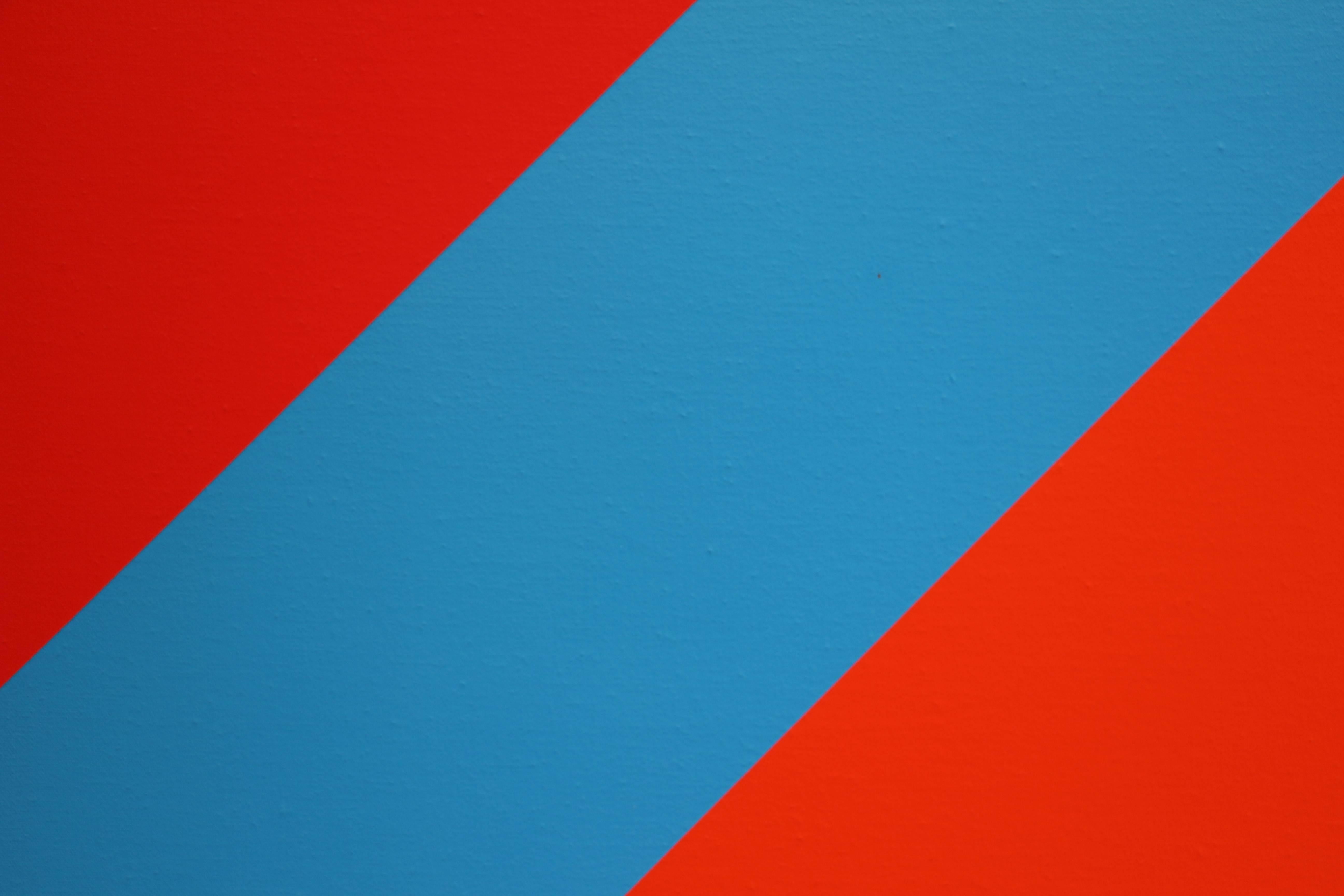 #10, red and blue diagonal striped abstract geometric oil painting - Abstract Geometric Painting by Karl Benjamin