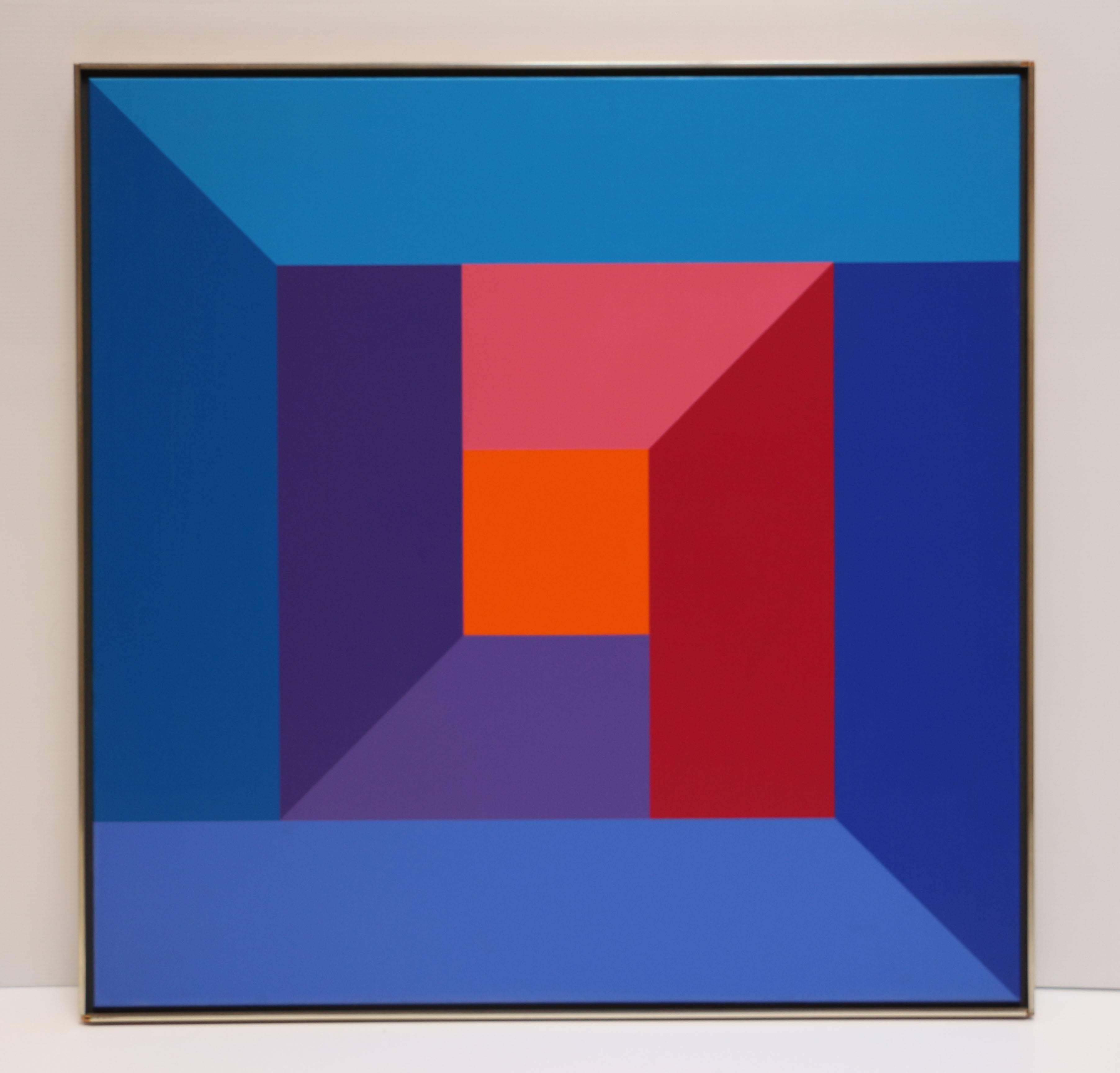 #7, original oil painting with blue, purple, red, pink and orange color squares  - Painting by Karl Benjamin