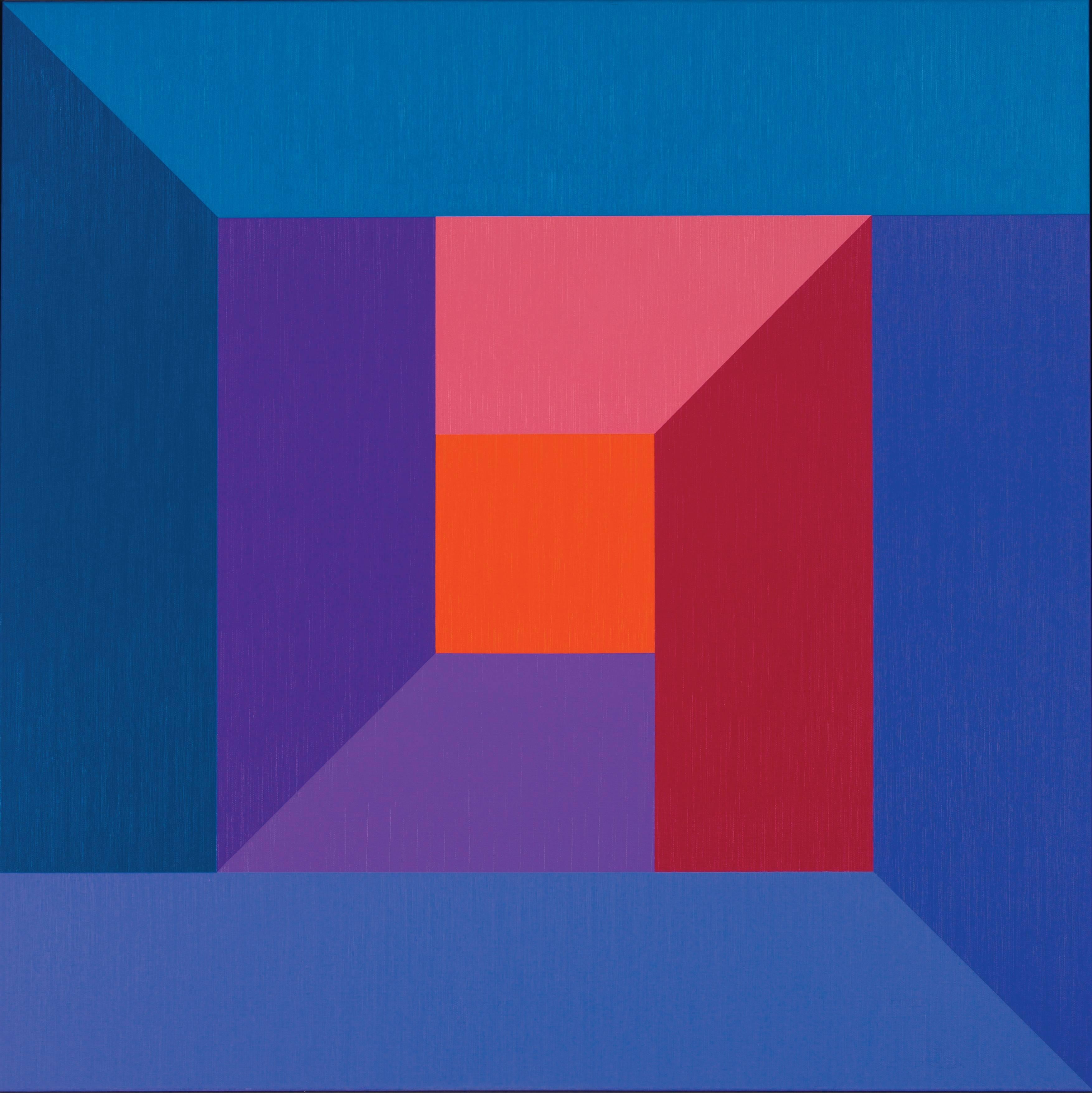 Karl Benjamin Abstract Painting - #7, original oil painting with blue, purple, red, pink and orange color squares 