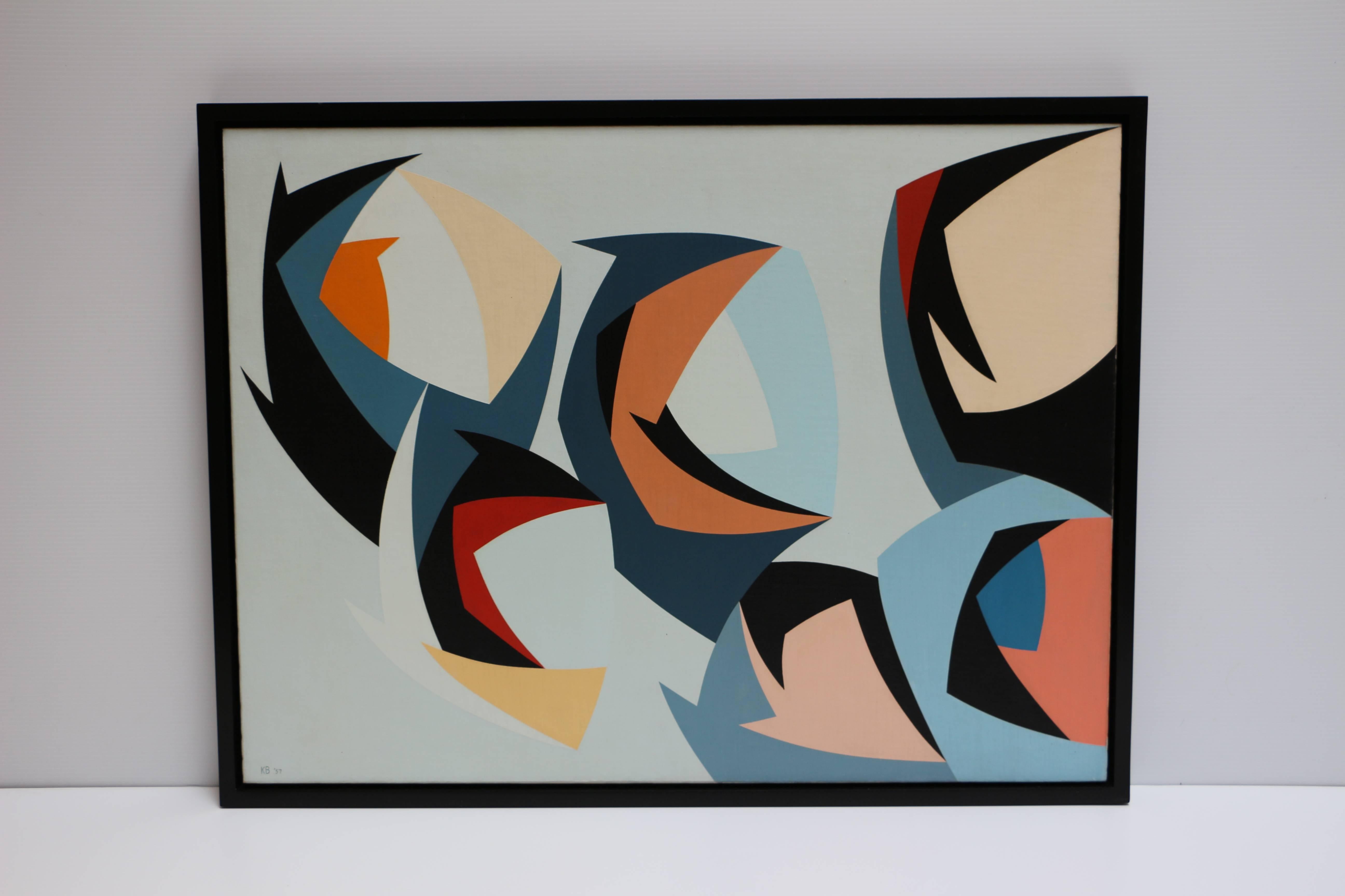Dissected Spheres, abstract geometric color forms on a light blue background - Painting by Karl Benjamin