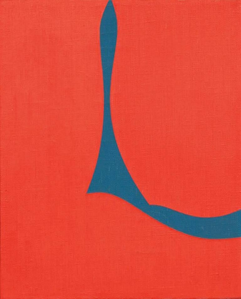 Karl Benjamin Abstract Painting - Untitled #38, hard edge geometric oil painting with red and blue colors 