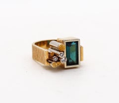 Karl Stittgen 1970 Canada Geometric Ring In 18Kt Gold Diamonds & Blue Tourmaline