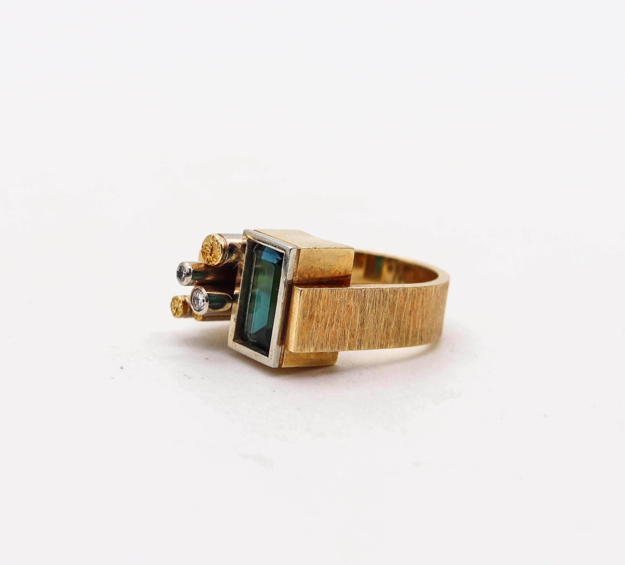 Modernist Karl Stittgen 1970 Canada Geometric Ring In 18Kt Gold Diamonds & Blue Tourmaline For Sale
