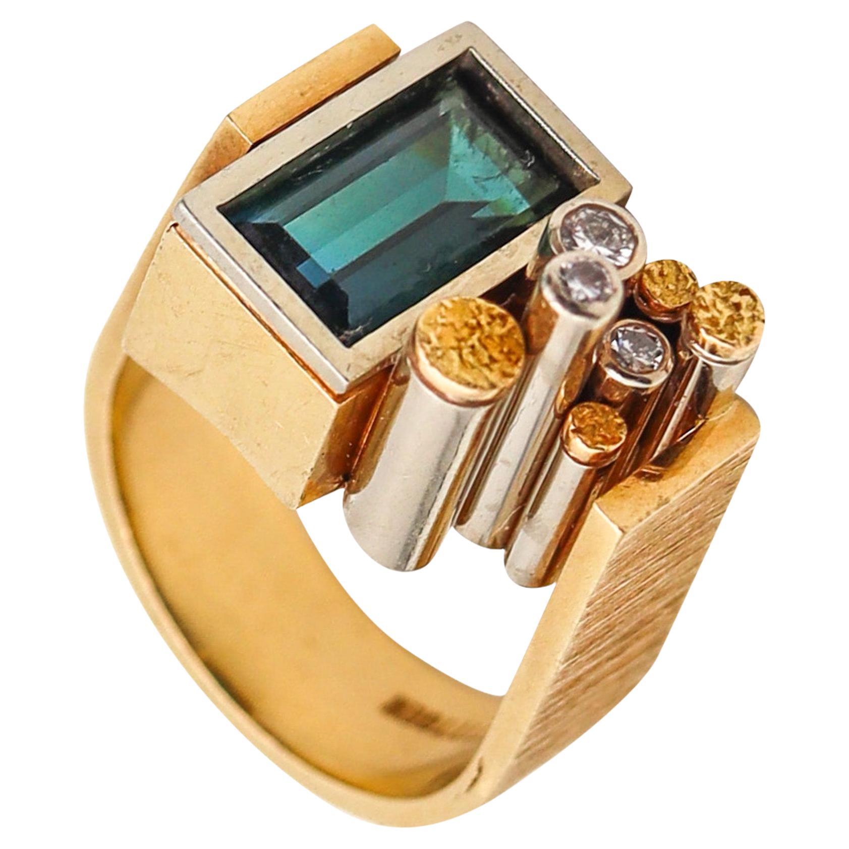 Karl Stittgen 1970 Canada Geometric Ring In 18Kt Gold Diamonds & Blue Tourmaline For Sale