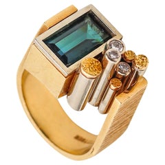 Karl Stittgen 1970 Kanada Geometrischer Ring aus 18 Karat Gold mit Diamanten und blauem Turmalin