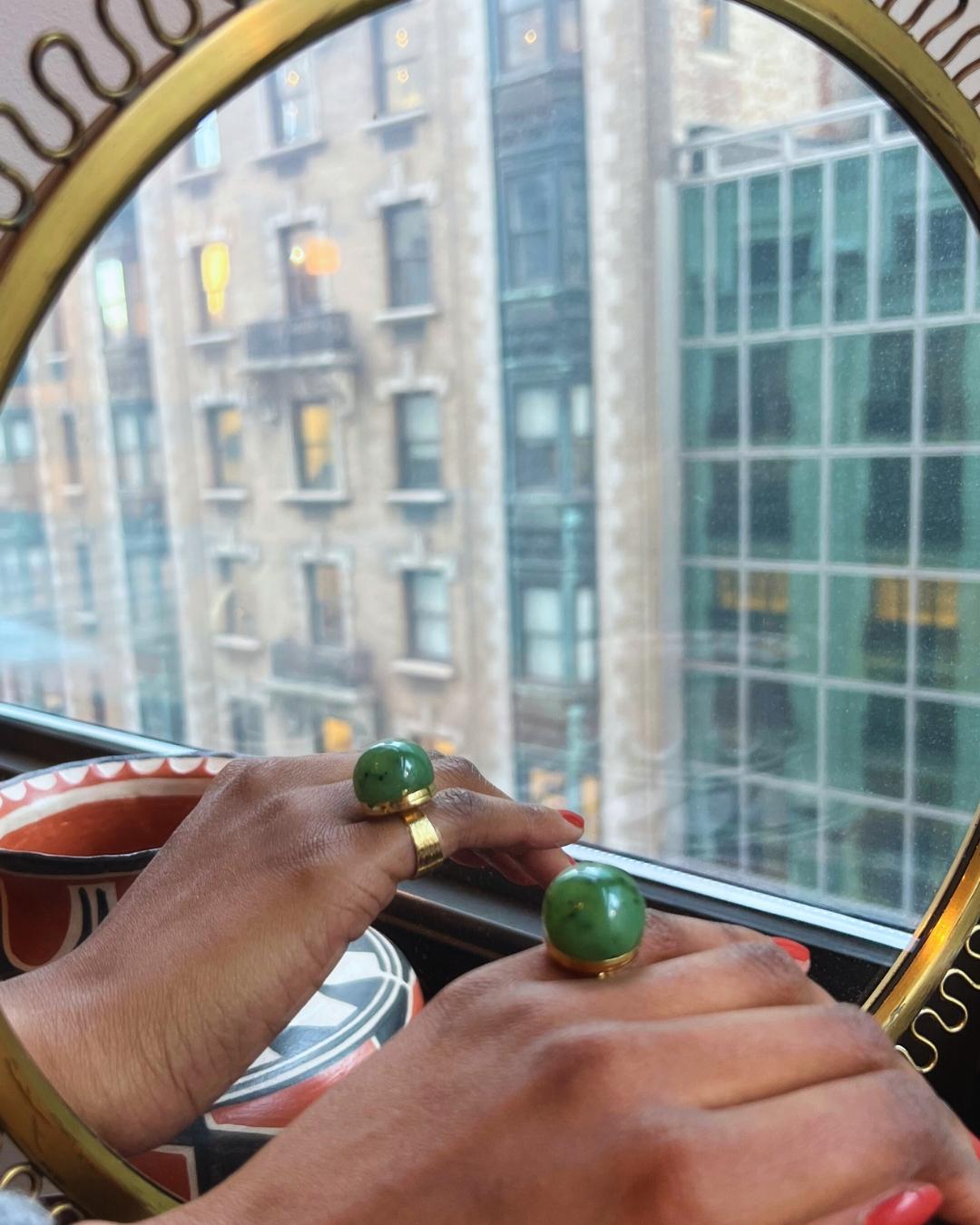 Modernist Karl Stittgen Cabochon Nephrite and Yellow Gold Ring For Sale