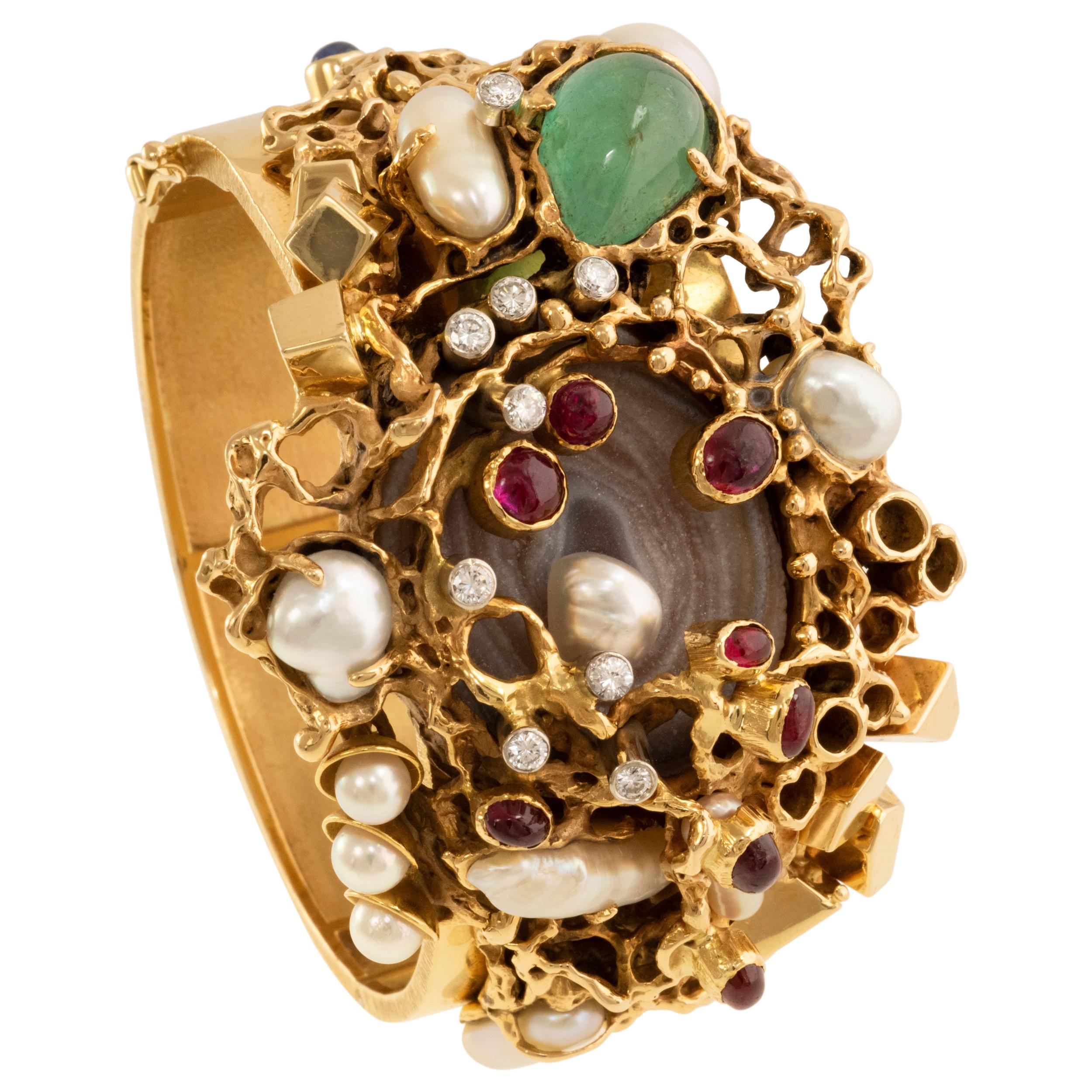 Karl Stittgen Diamond, Ruby, Emerald, Pearl and Gold Cuff Bracelet, circa 1970 For Sale