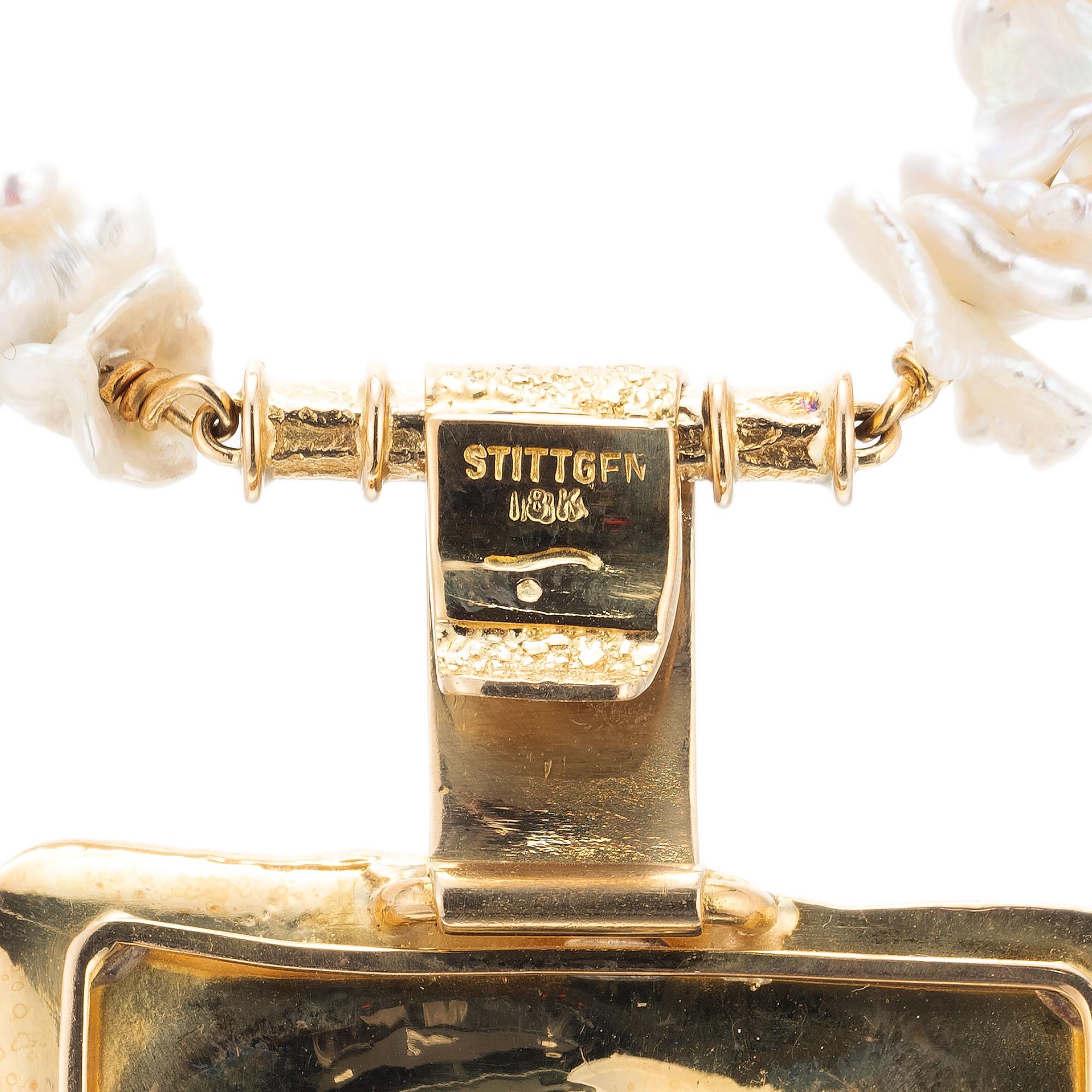 Karl Stittgen Freshwater Pearl Garnet Yellow Gold Artist Style Pendant Necklace In Good Condition For Sale In Stamford, CT