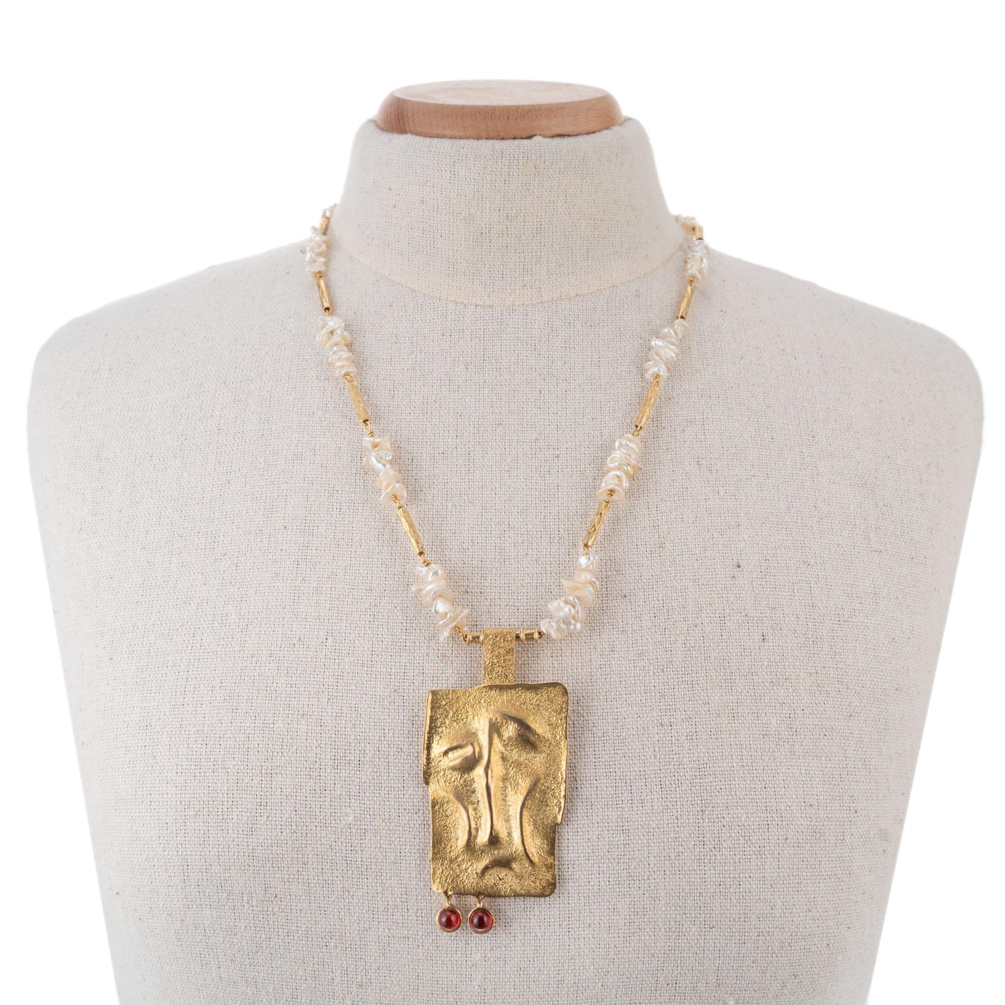 Women's Karl Stittgen Freshwater Pearl Garnet Yellow Gold Artist Style Pendant Necklace For Sale