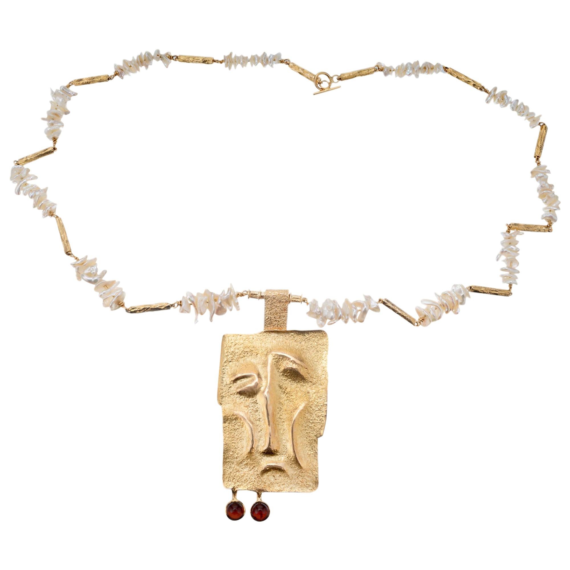 Karl Stittgen Freshwater Pearl Garnet Yellow Gold Artist Style Pendant Necklace