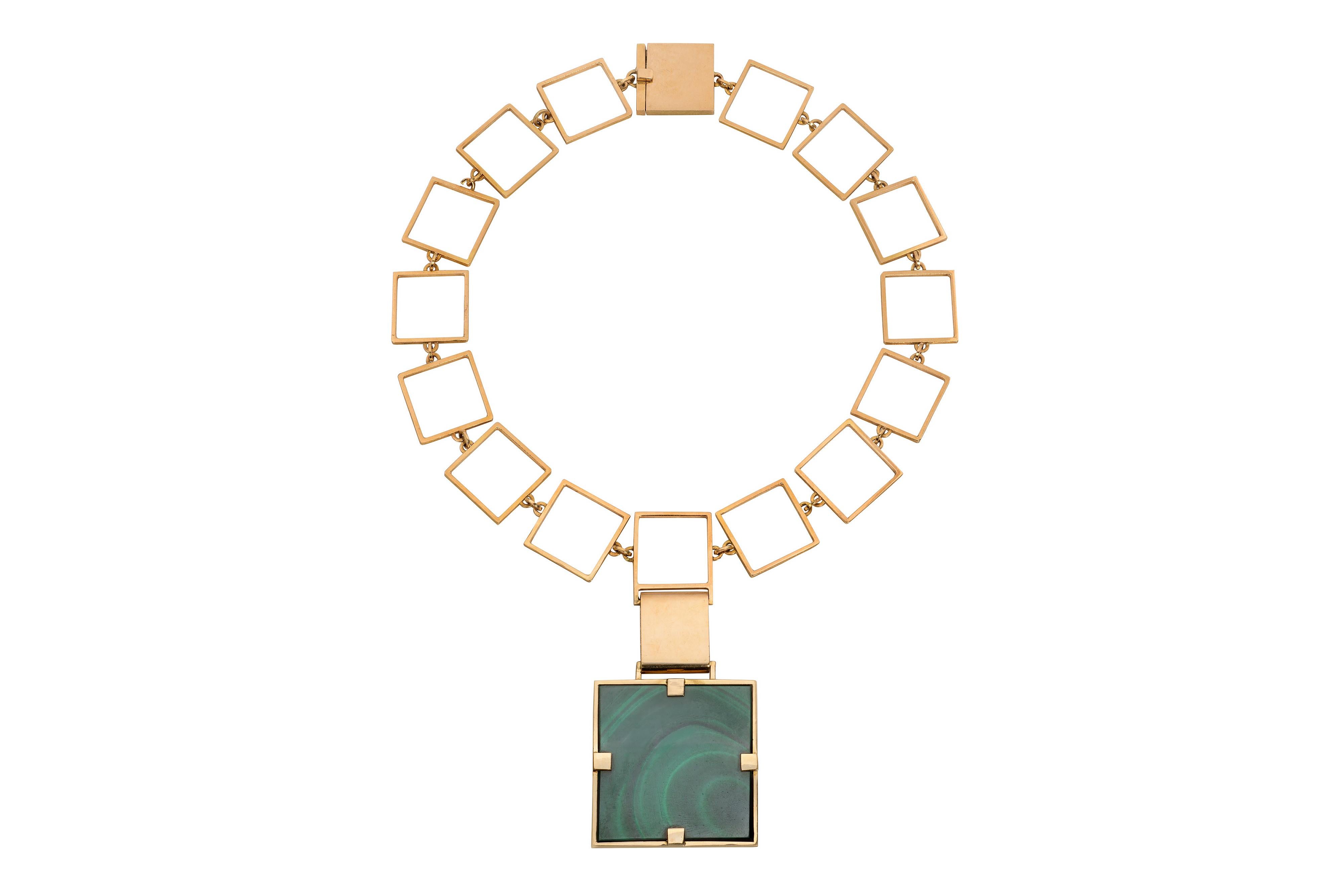 A collectible 18-karat yellow gold and malachite suite comprised of a pair of earrings and a necklace by the important  Canadian modernist jewelry artist, Karl Stittgen. The earrings and necklace are stamped 18K, Stittgen, maker's mark. The necklace