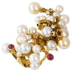 Karl Stittgen Pearl, Ruby, Diamond, and Gold Two-Finger Ring