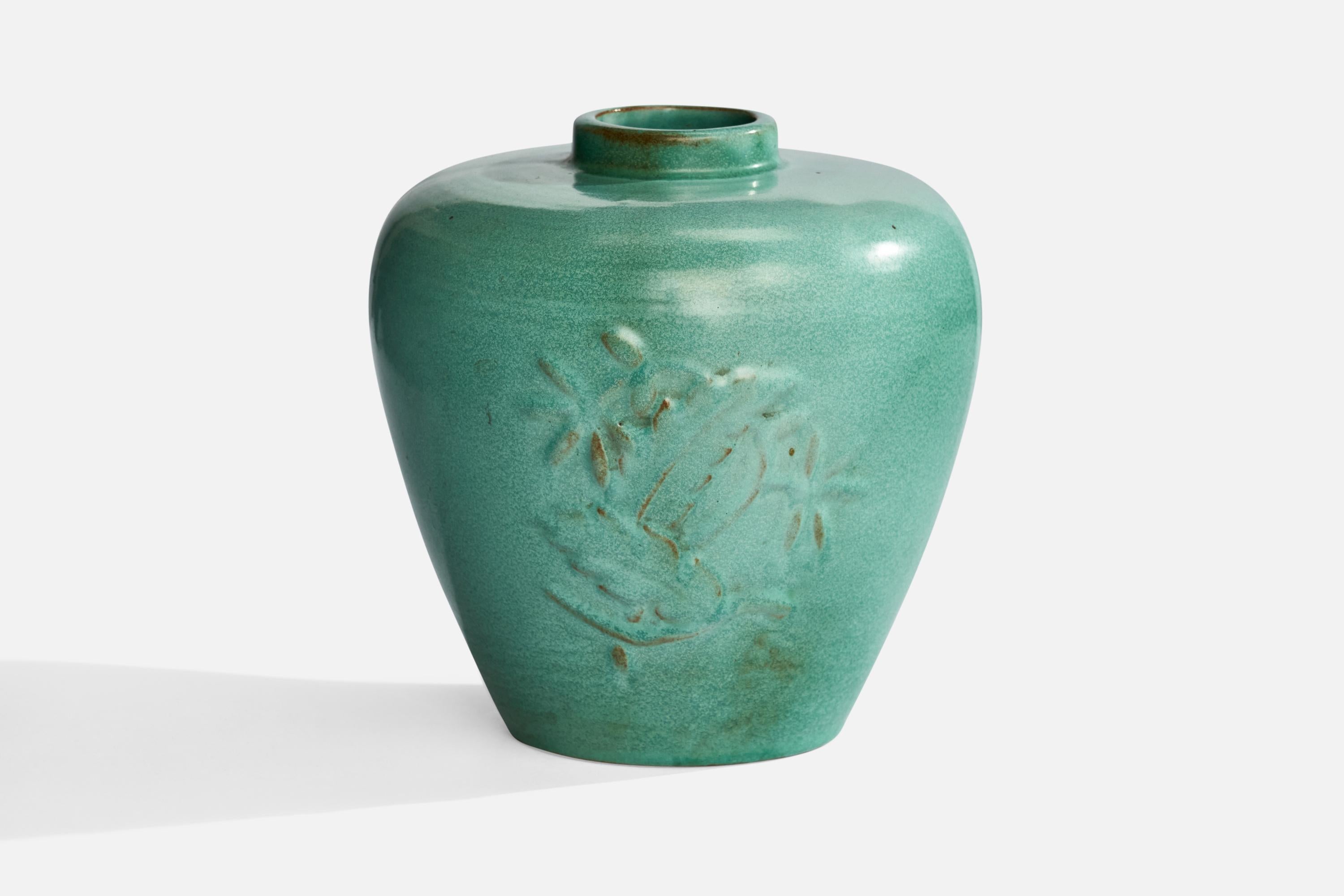 A green-glazed ceramic vase attributed to Karl Svensson for Höganäs, Sweden, 1930s.