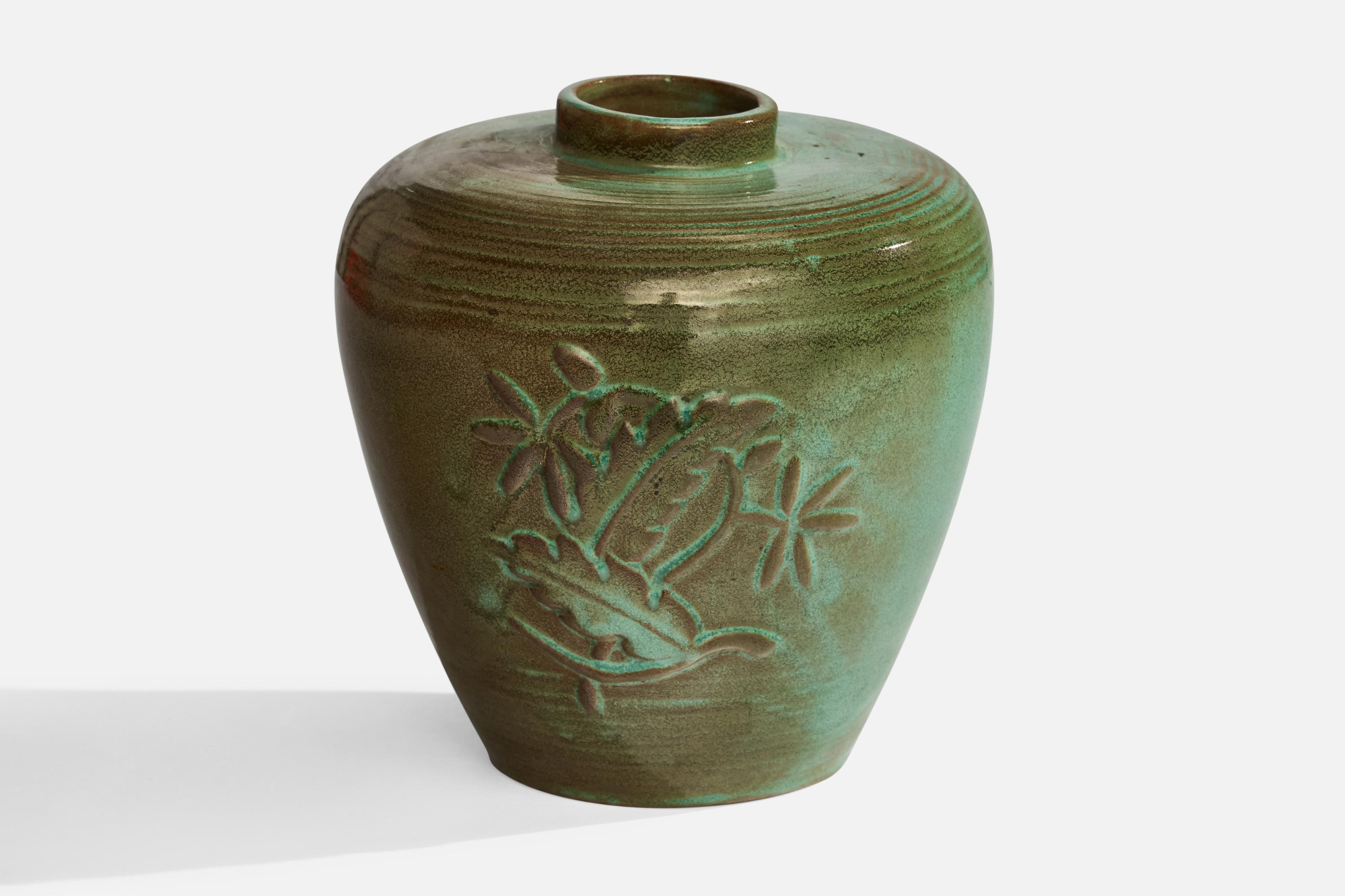 A green-glazed ceramic vase attributed to Karl Svensson for Höganäs, Sweden, 1930s.