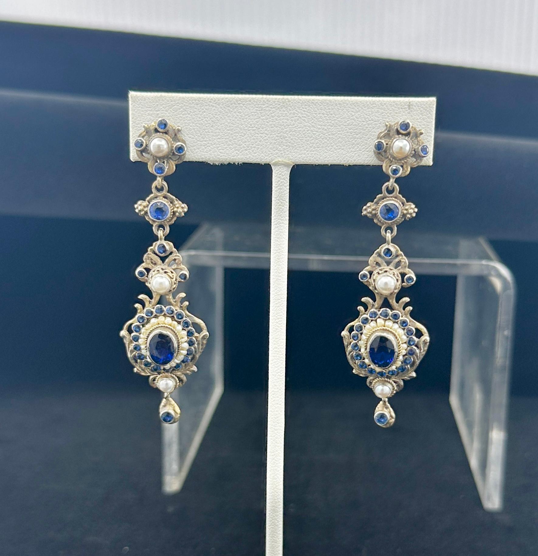 Karl Taubock Zafiro Austrohúngaro Pendientes Renacimiento Renacimiento Perla S. XIX en Excelente estado para la venta en New York, NY