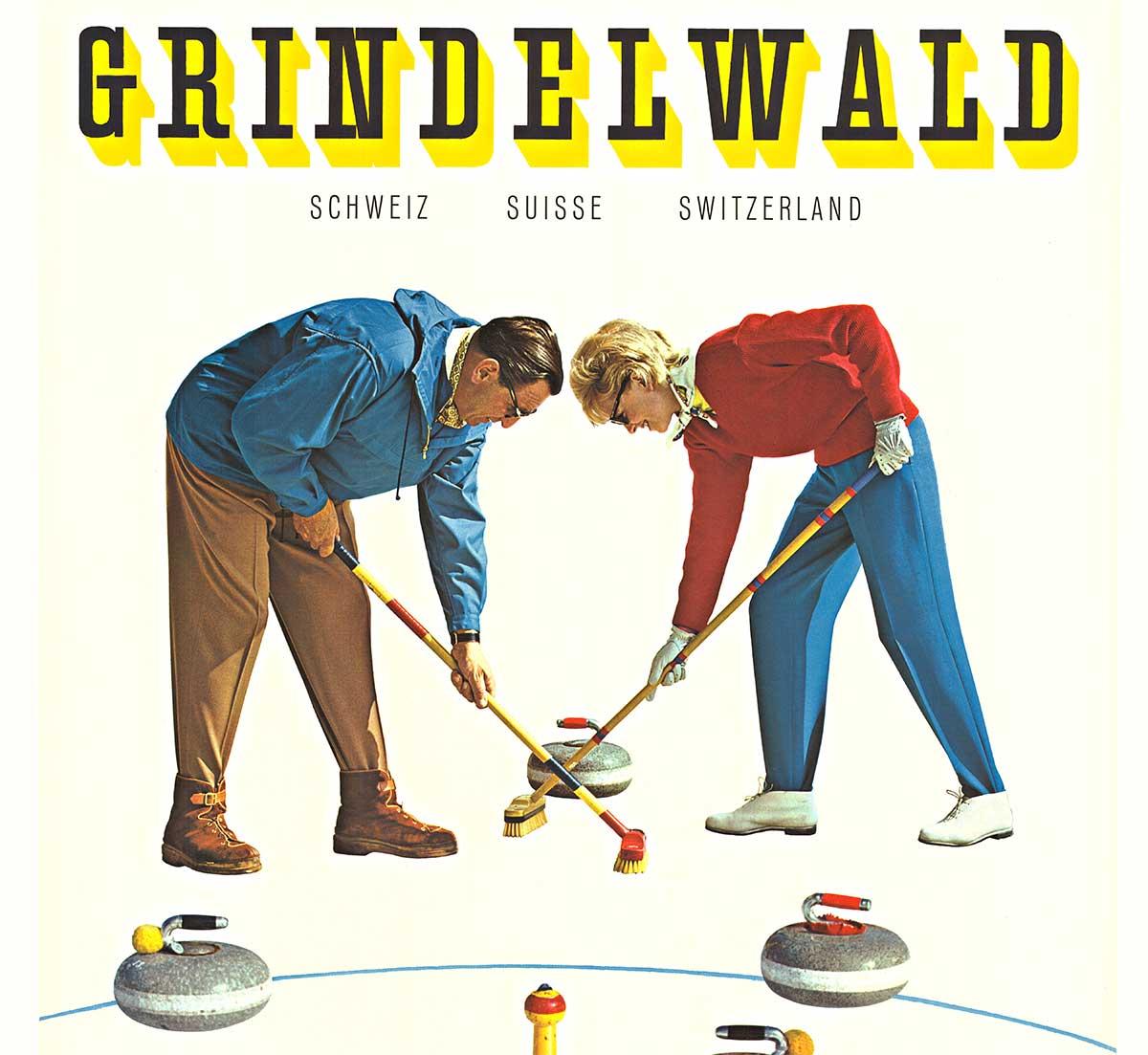 Poster d'epoca originale di Grindelwald Svizzera sugli sport invernali del curling - Print di Karl Toggweiler