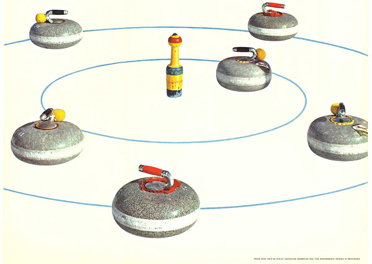 Poster d'epoca originale di Grindelwald Svizzera sugli sport invernali del curling - Figurative Print Bianco di Karl Toggweiler