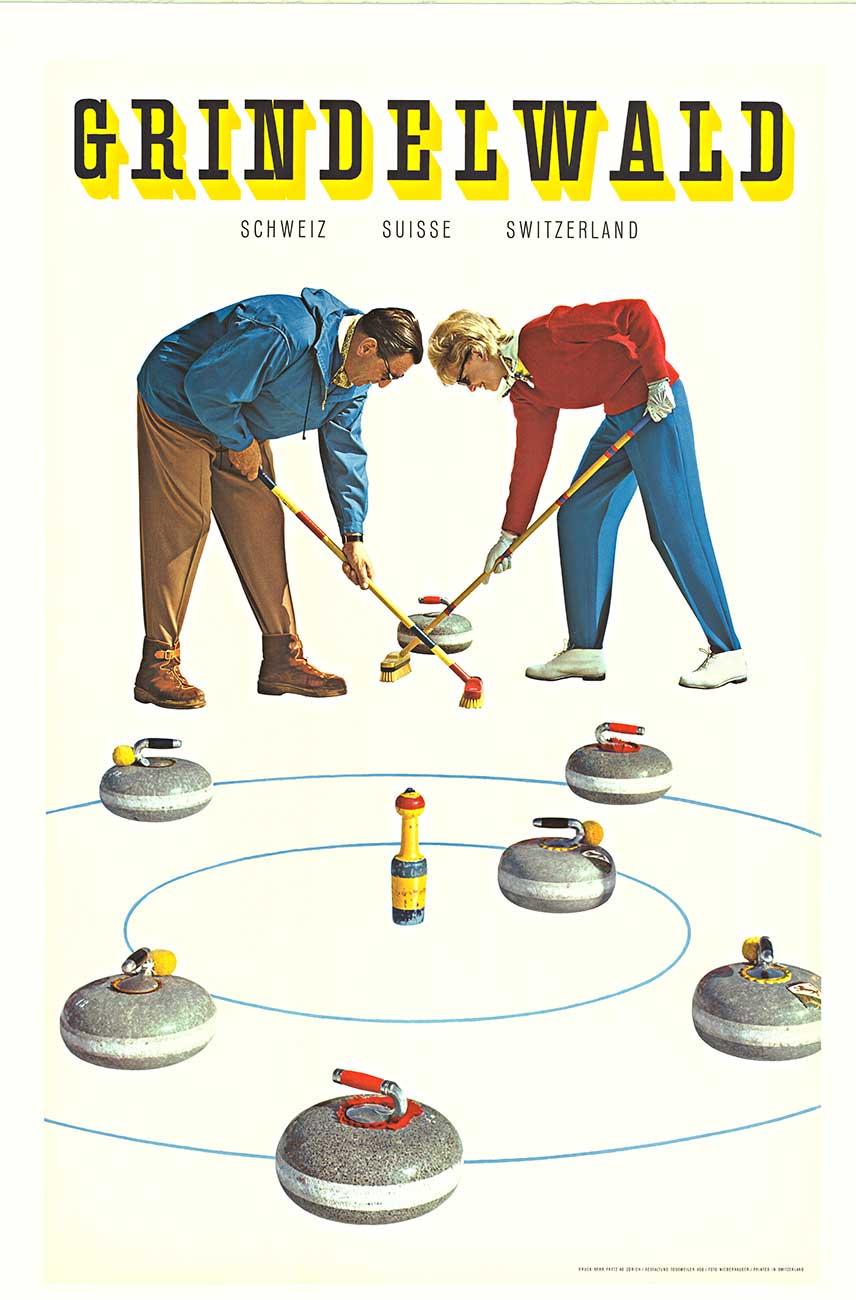 Poster d'epoca originale di Grindelwald Svizzera sugli sport invernali del curling
