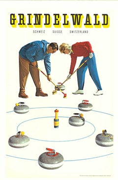 Póster original de Grindelwald (Suiza) de los deportes de invierno de curling de época