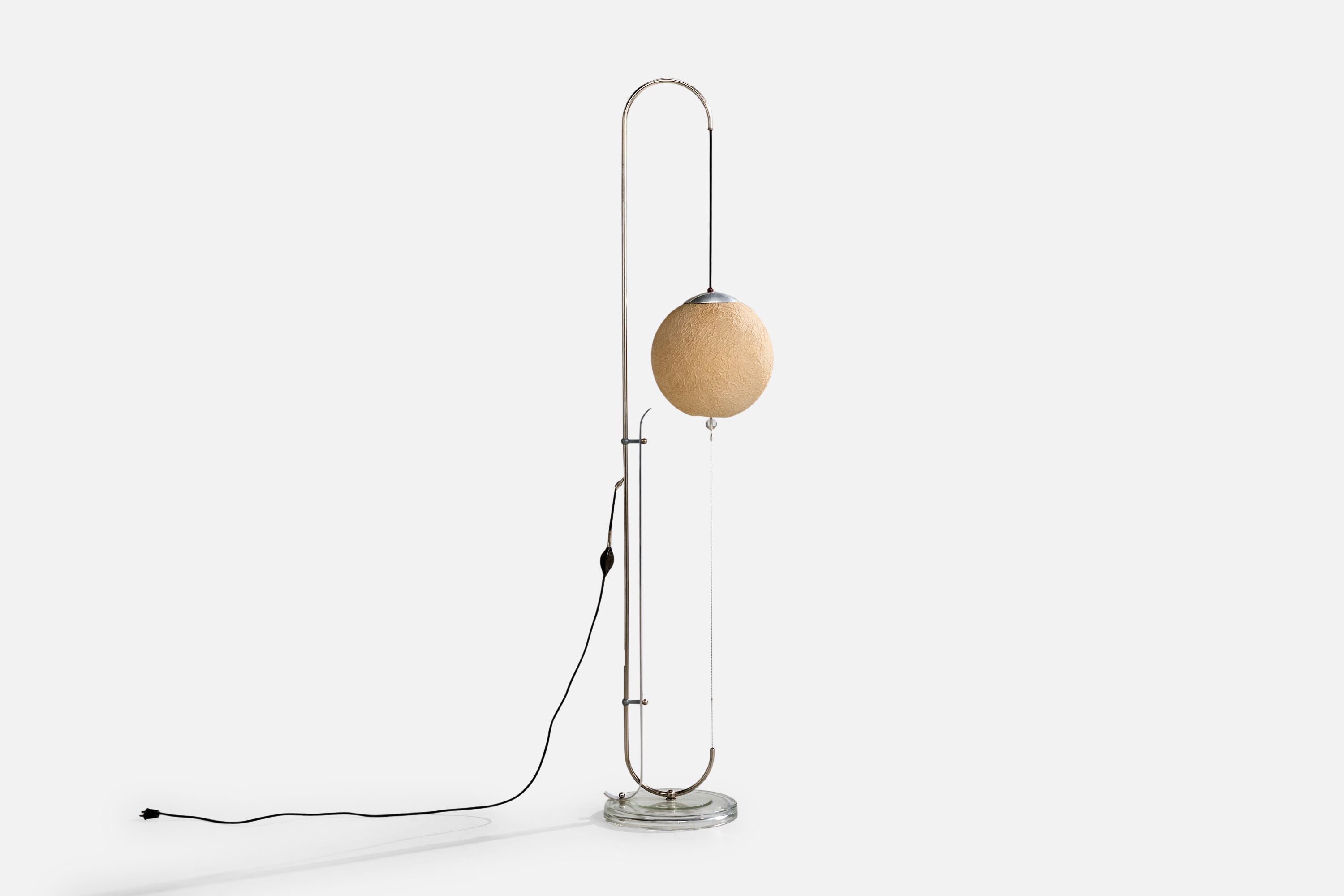 An adjustable nickel-plated metal, plexiglass, glass and beige processed paper mass floor lamp attributed to Karl Trabert, Germany, c. 1928s.

Dimensions of Lamp (inches): 70.5