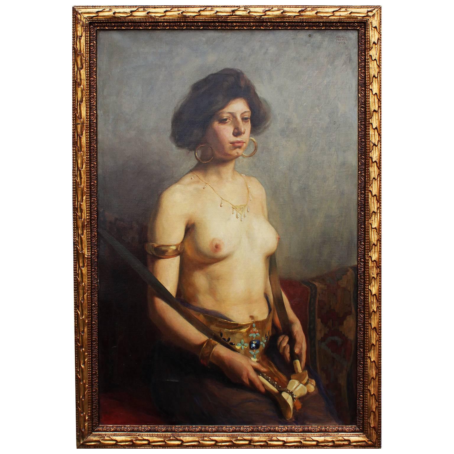 Karl Viktor Mayr, Austrian Oil on Canvas "An Exotic Nude Girl"