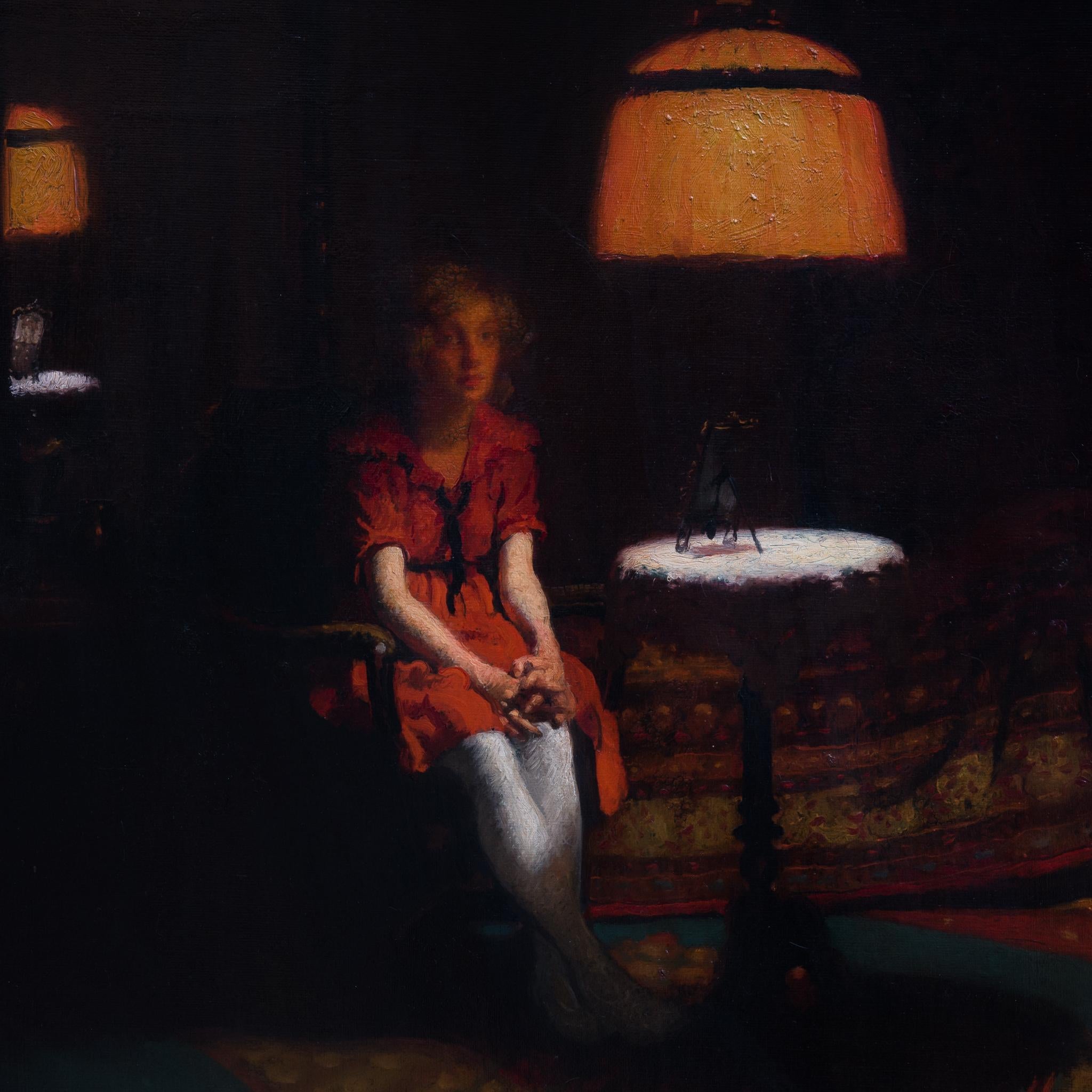 This painting features a young girl sitting on a chair in a dimly lit room, illuminated by the soft glow of an orange-tinted ceiling lamp. This painting captures the essence of the candle-light genre of art, which originated in the 17th century and