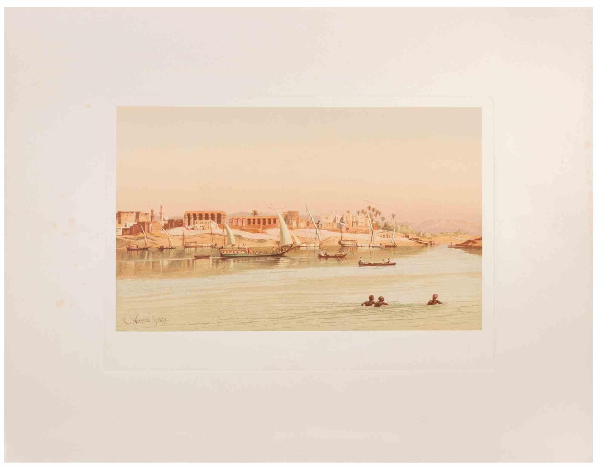 Along the Nile is a modern artwork realized d'apres Karl Werner 

Mixed colored Chromolithograph. 

The artwork is after the watercolors realized by the artist during a trip to Egypt between 1862 and 1865.

This edition is from 1881.

Signed on