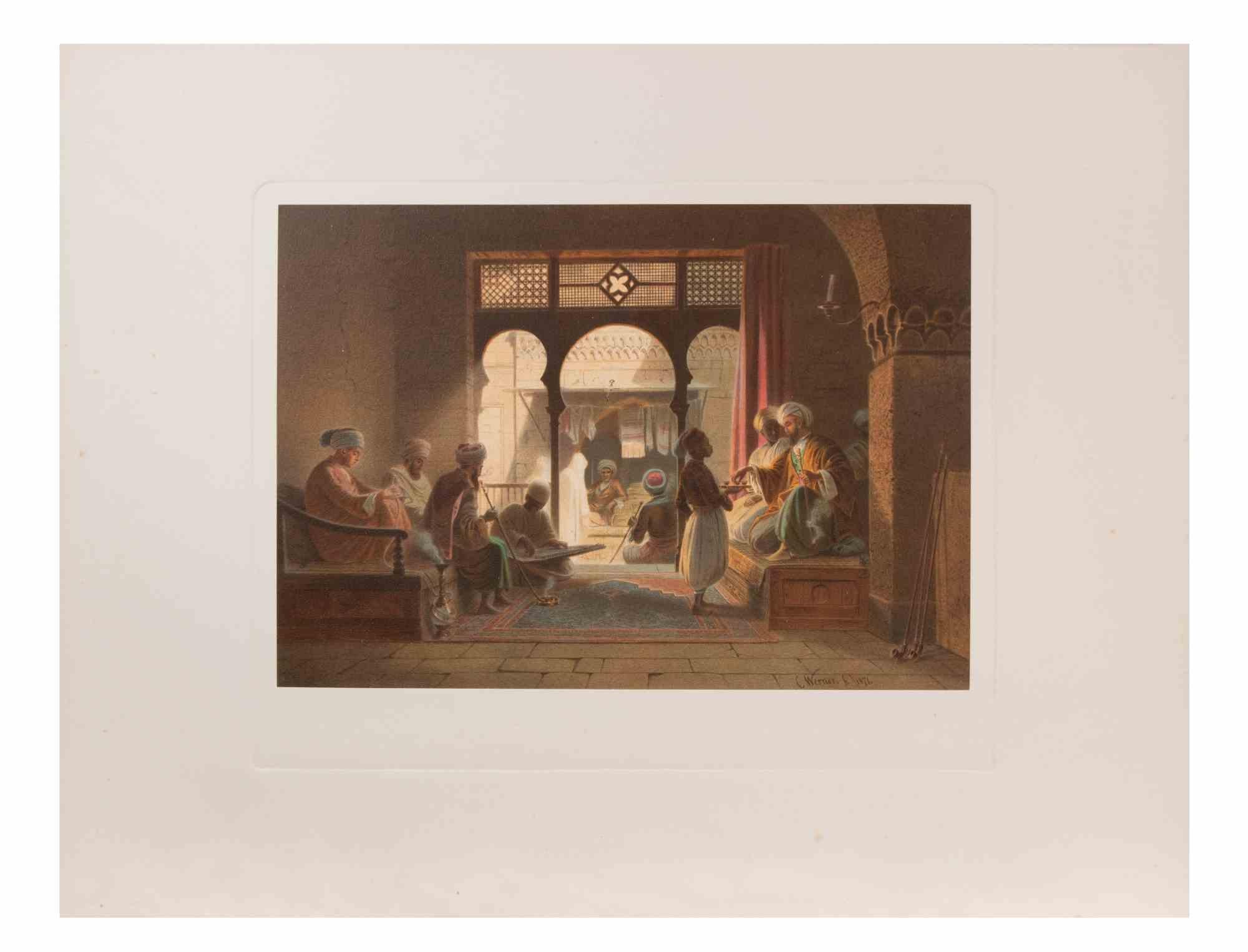 Conversations is a modern artwork realized d'apres Karl Werner 

Mixed colored cromolithograph. 

The artwork is after the watercolors realized by the artist during a trip to Egypt between 1862 and 1865.

This edition is from 1881.

Signed on plate.