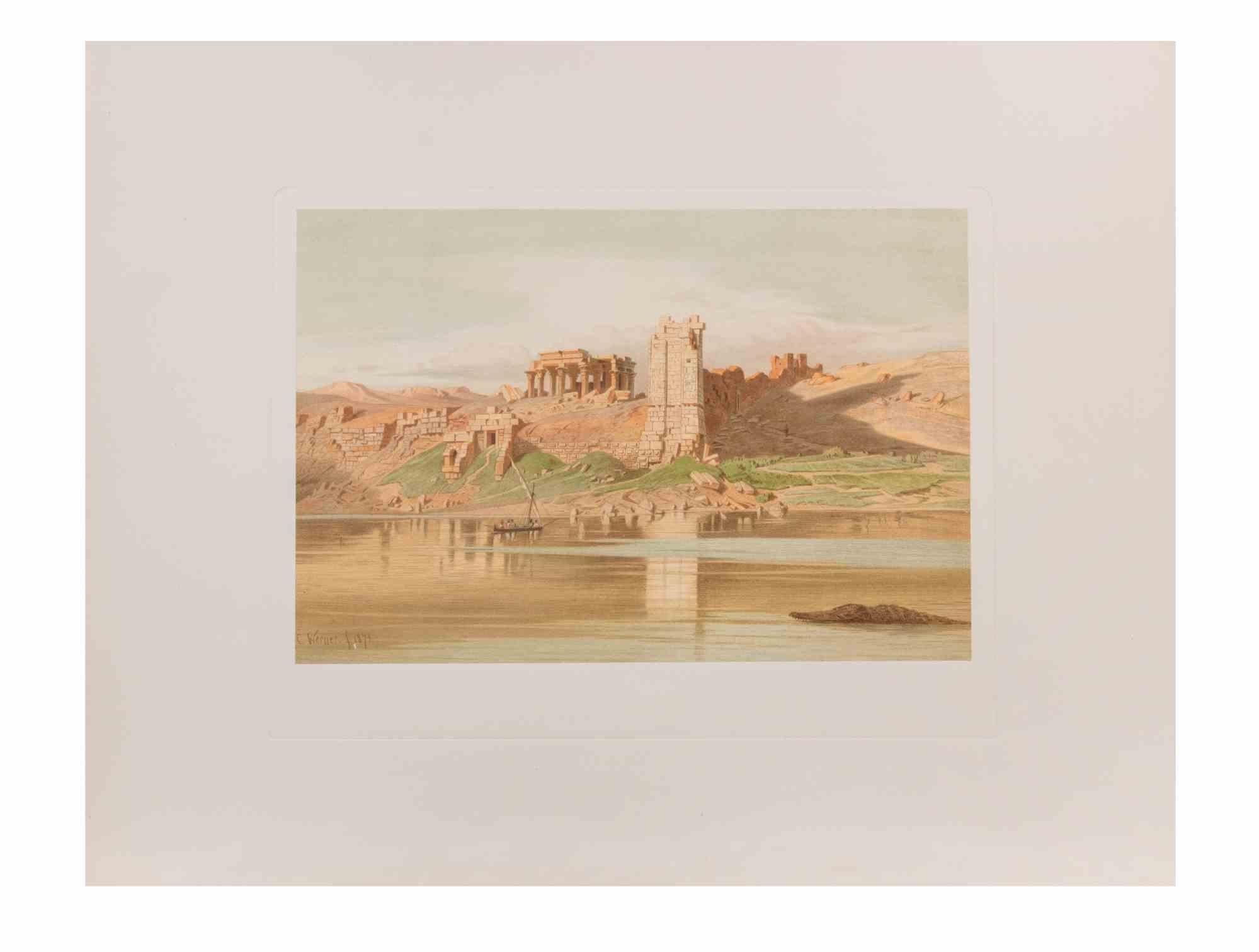 Egypt is a modern artwork realized d'apres Karl Werner 

Mixed colored cromolithograph. 

The artwork is  after the watercolor realized by the artist during a trip to Egypt between 1862 and 1865.

This edition is from 1881.

Signed on plate.
