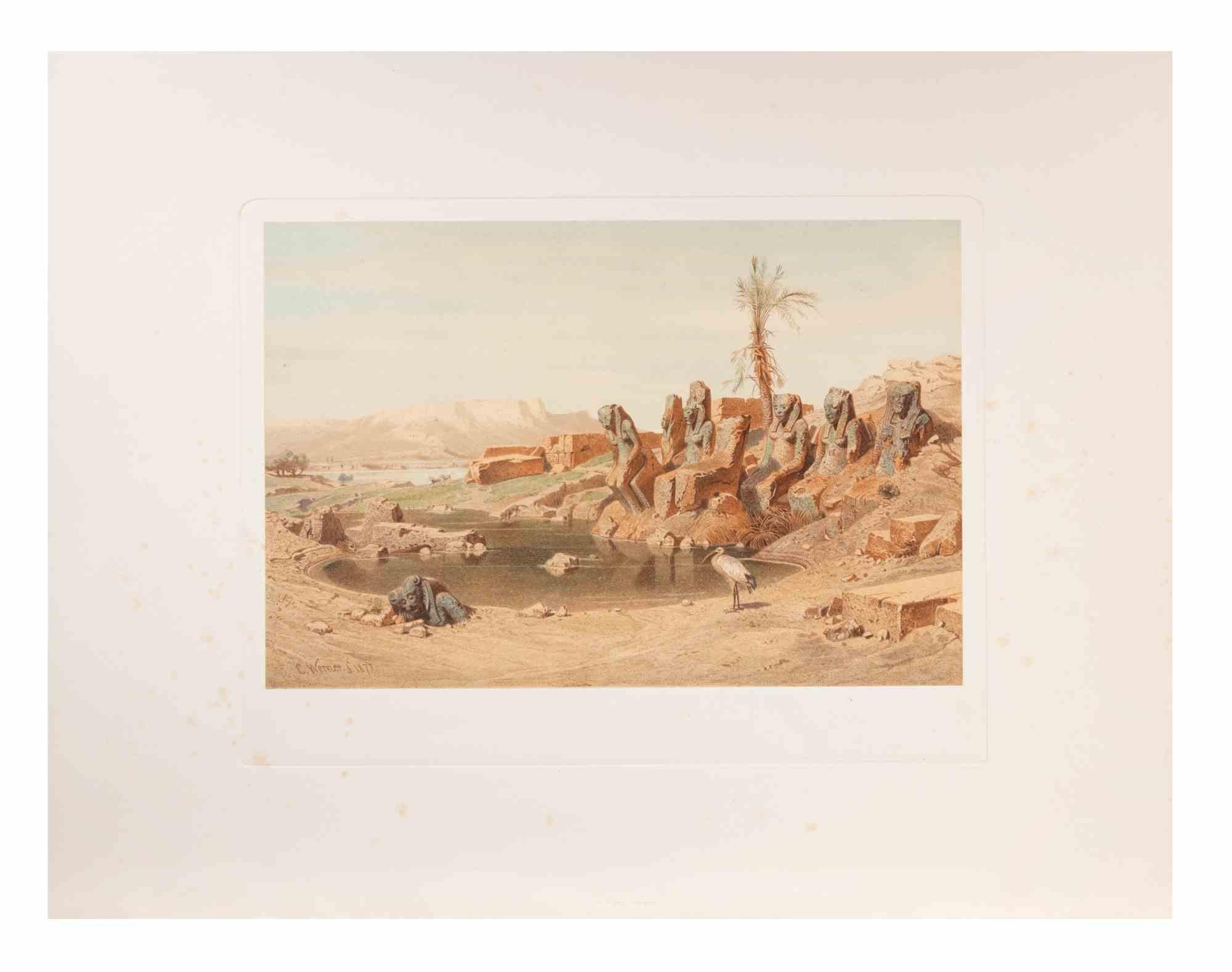 Egypt is a modern artwork realized d'apres Karl Werner 

Mixed colored cromolithograph. 

The artwork is after the watercolors realized by the artist during a trip to Egypt between 1862 and 1865.

This edition is from 1881.

Signed on plate.