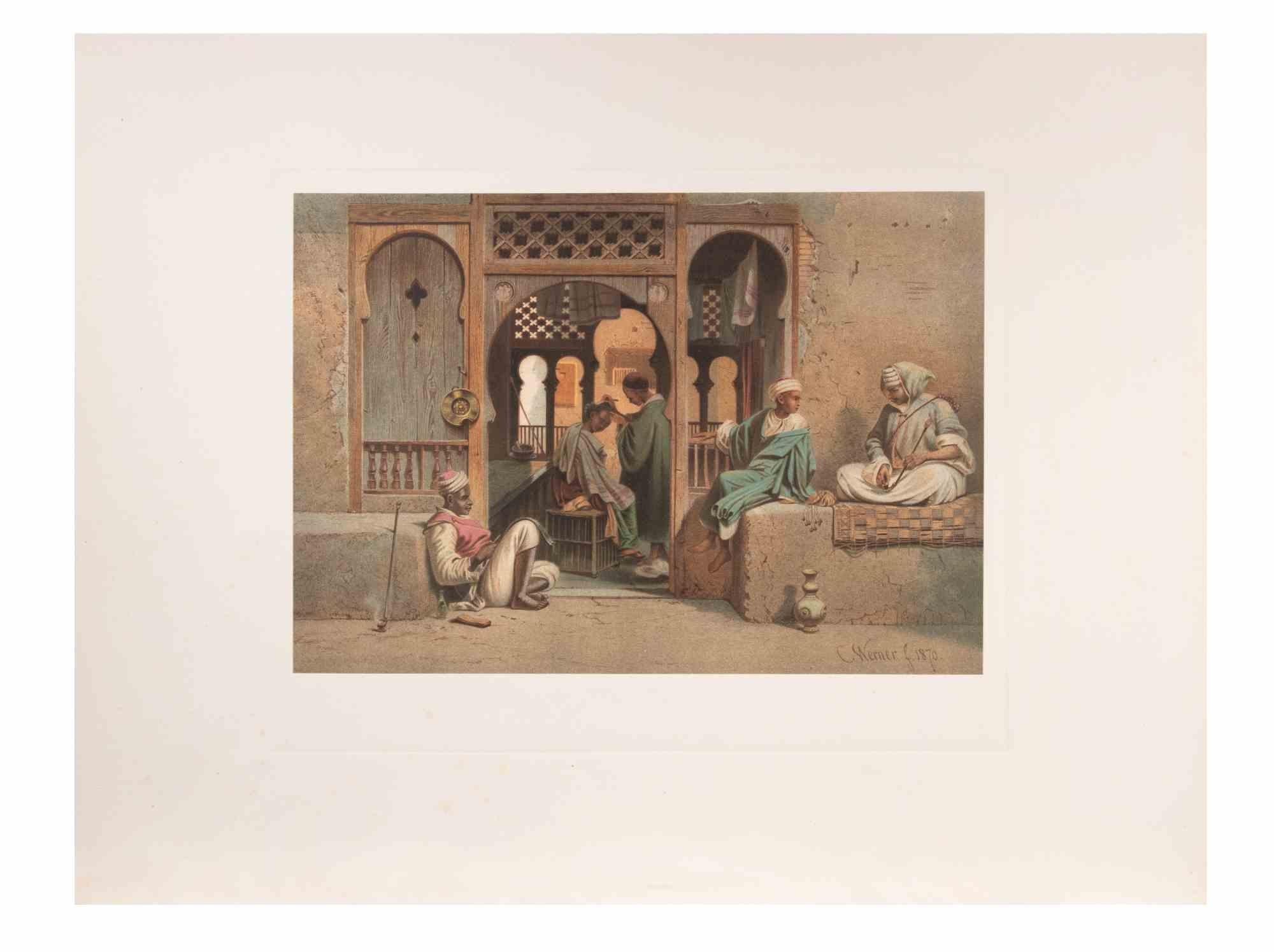 Egyptian barber is a modern artwork realized d'apres Karl Werner 

Mixed colored Chromolithograph. 

The artwork is after the watercolor realized by the artist during a trip to Egypt between 1862 and 1865.

This edition is from 1881.

Signed on