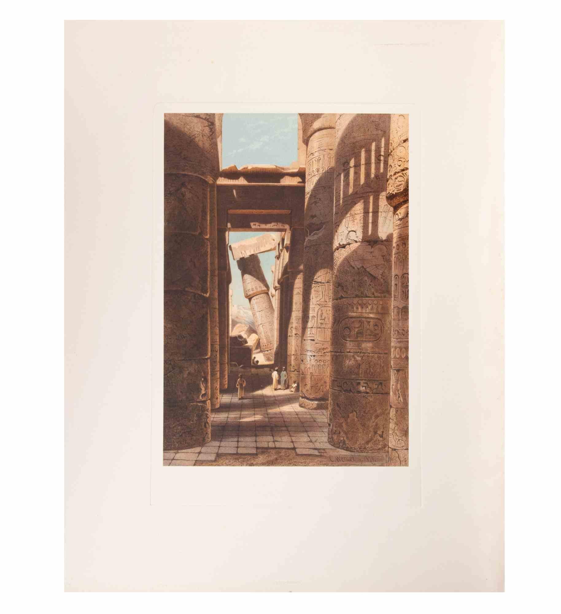 Egyptian Ruins ist ein modernes Kunstwerk, das d'apres Karl Werner realisiert wurde.

Gemischtfarbige Chromolithographie. 

Das Werk ist nach einem Aquarell gestaltet, das der Künstler während einer Reise nach Ägypten zwischen 1862 und 1865