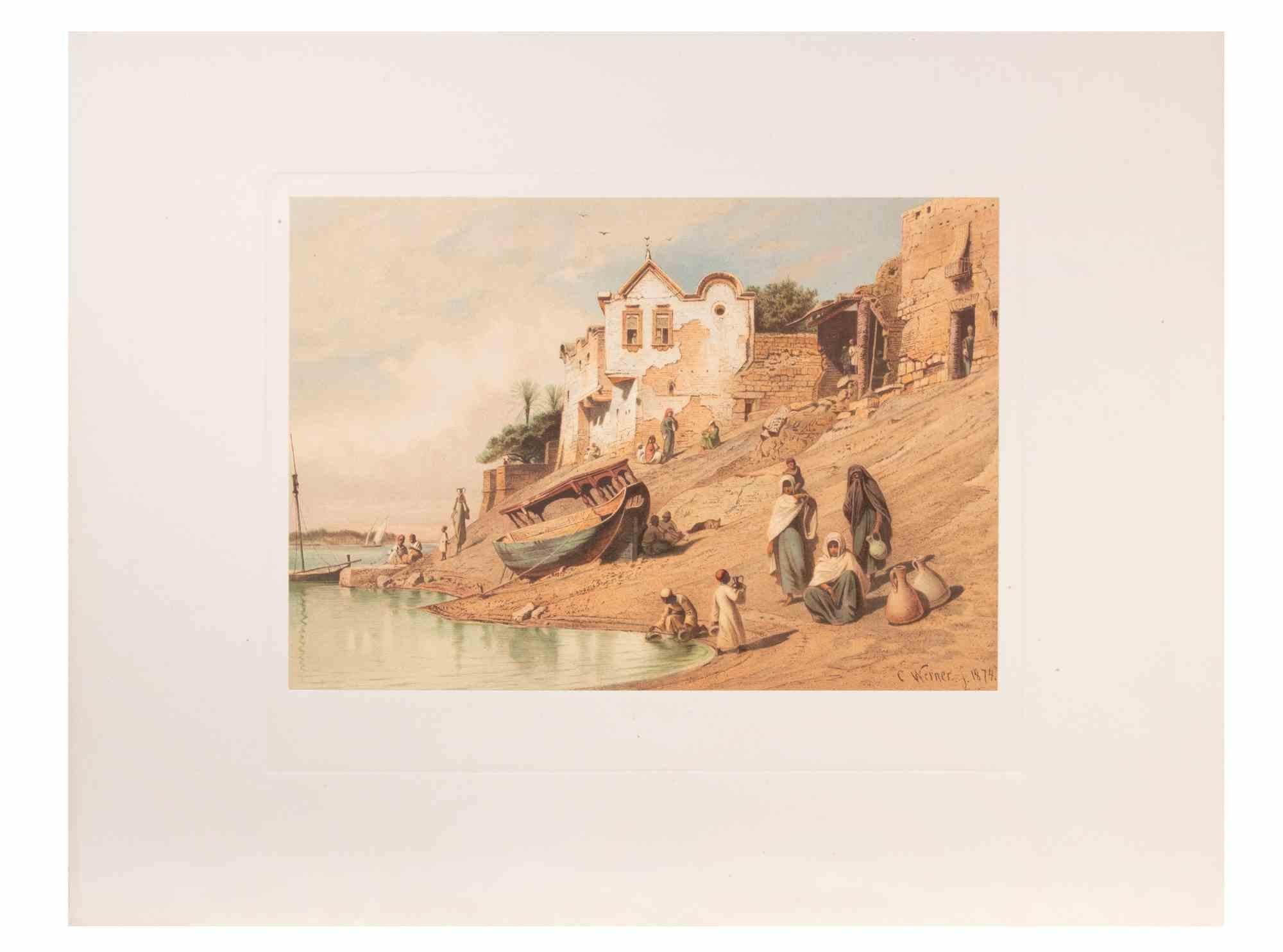 Egyptians along the Nile  is a modern artwork realized d'après Karl Werner.

Mixed colored cromolithograph. 

The artwork is after the watercolors realized by the artist during a trip to Egypt between 1862 and 1865.

This edition is from
