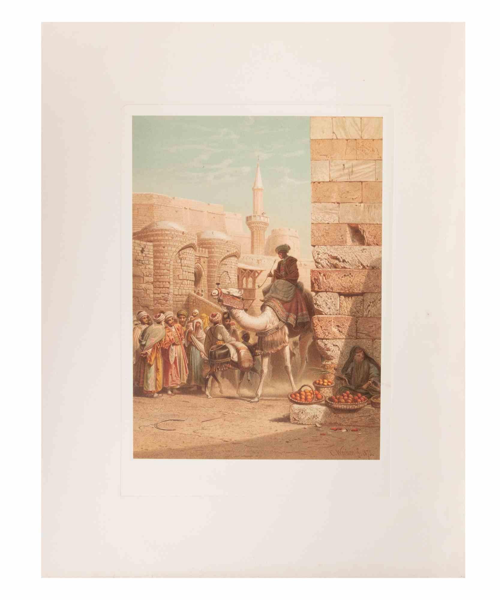 Egyptian on camel is a modern artwork realized d'apres Karl Werner.

Mixed colored cromolithograph. 

The artwork is after the watercolors realized by the artist during a trip to Egypt between 1862 and 1865.

This edition is from 1881.

Signed on