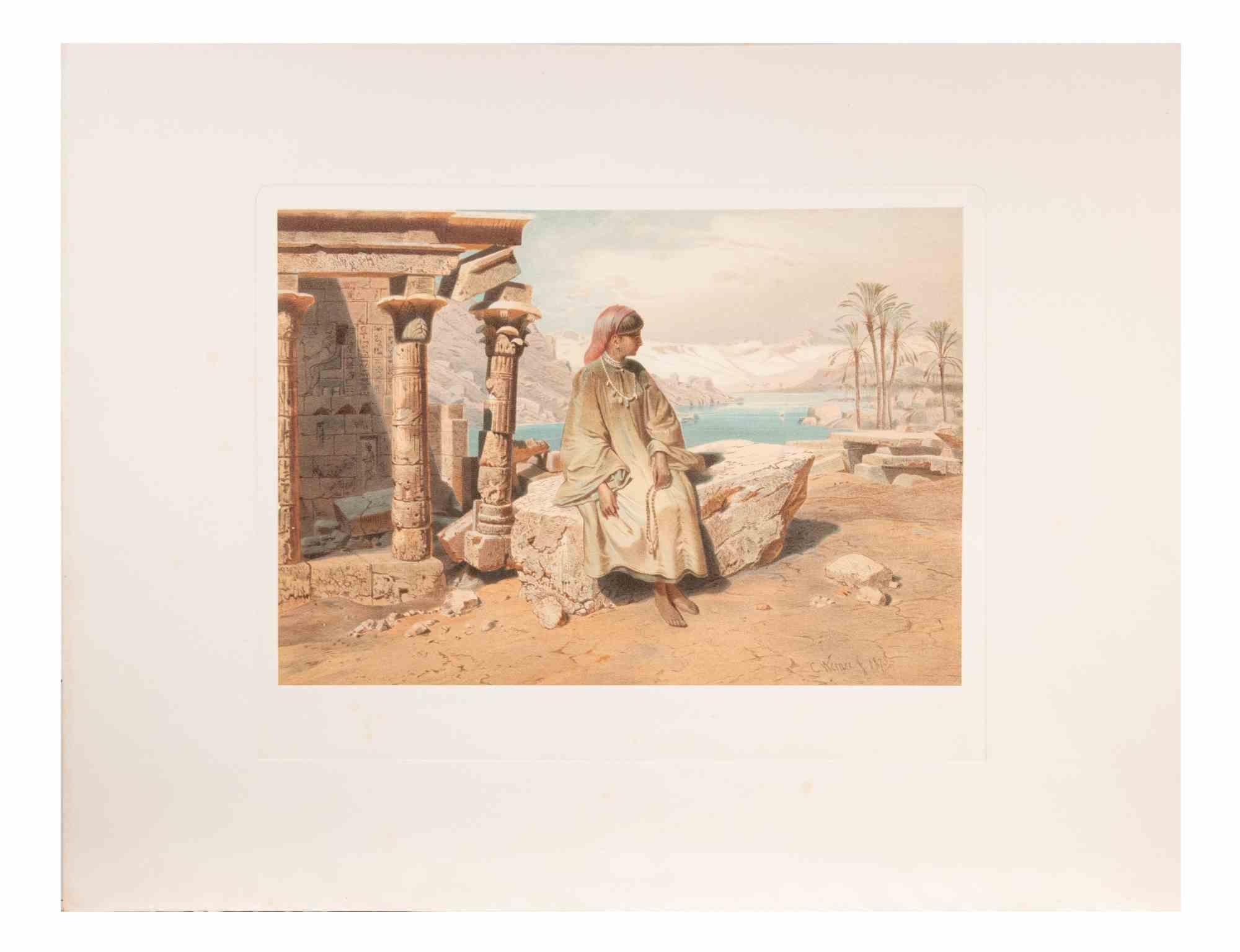 Figure along Nile is an modern artwork realized d'apres Karl Werner 

Mixed colored Chromolithograph. 

The artwork is from the watercolors realized by the artist during a trip to Egypt between 1862 and 1865.

This edition is from 1881.

Signed on