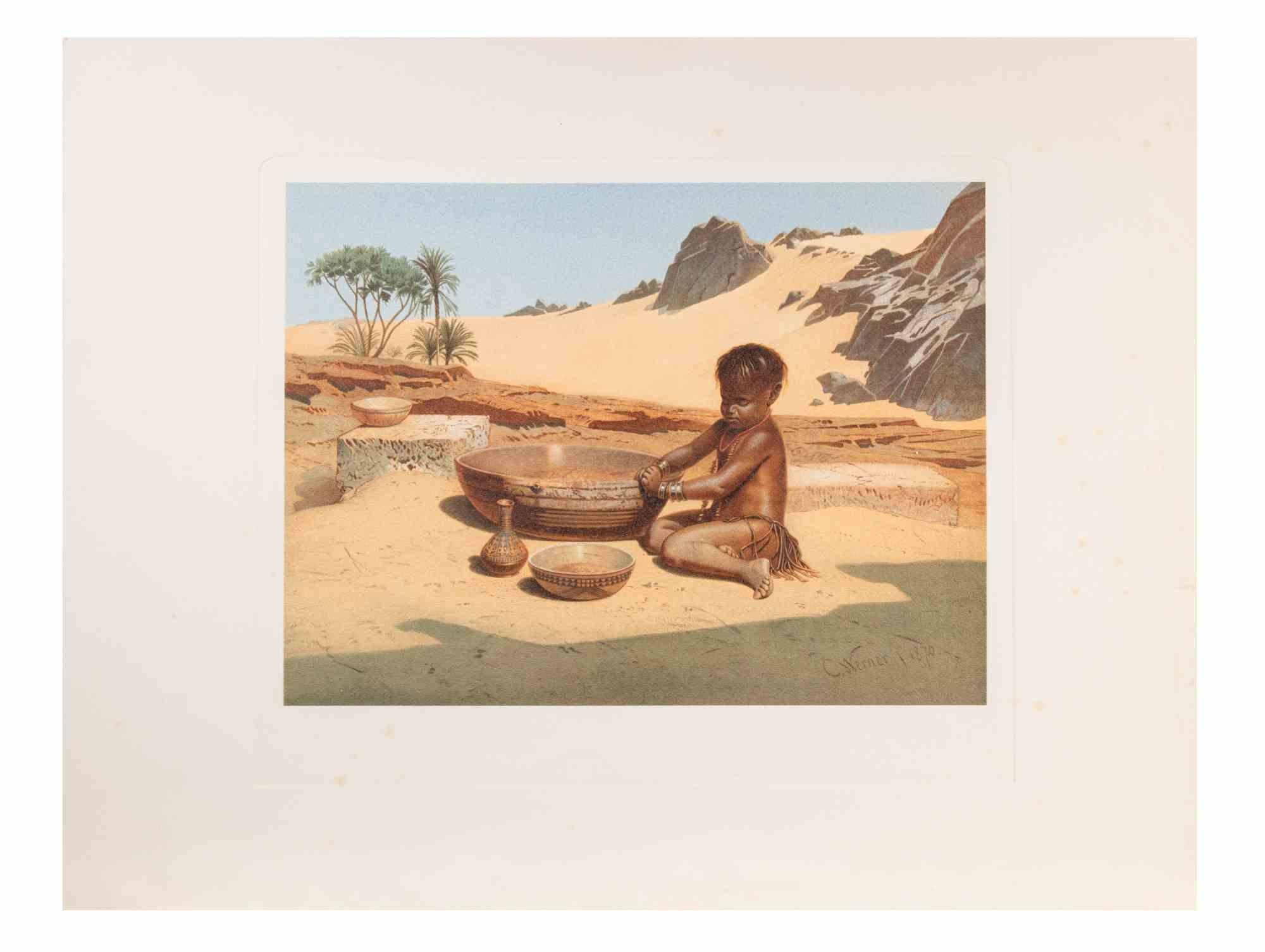 Food is a modern artwork realized d'apres Karl Werner 

Mixed colored Chromolithograph. 

The artwork is after the watercolor realized by the artist during a trip to Egypt between 1862 and 1865.

This edition is from 1881.

Signed on plate.