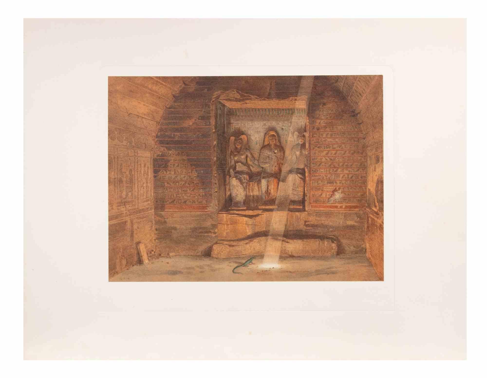 Interior of the Temple is a modern artwork realized d'aprés Karl Werner 

Mixed colored Chromolithograph. 

The artwork is after the watercolors realized by the artist during a trip to Egypt between 1862 and 1865.

This edition is from 1881.

Signed