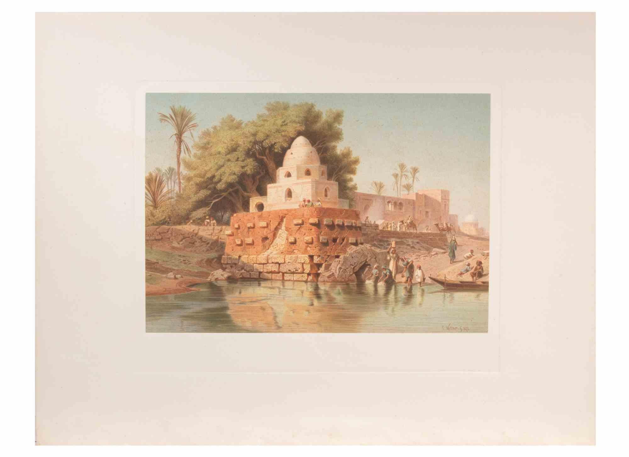 Minaret on the Nile is a modern artwork realized d'apres Karl Werner 

Mixed colored cromolithograph. 

The artwork is after the watercolors realized by the artist during a trip to Egypt between 1862 and 1865.

This edition is from 1881.

Signed on
