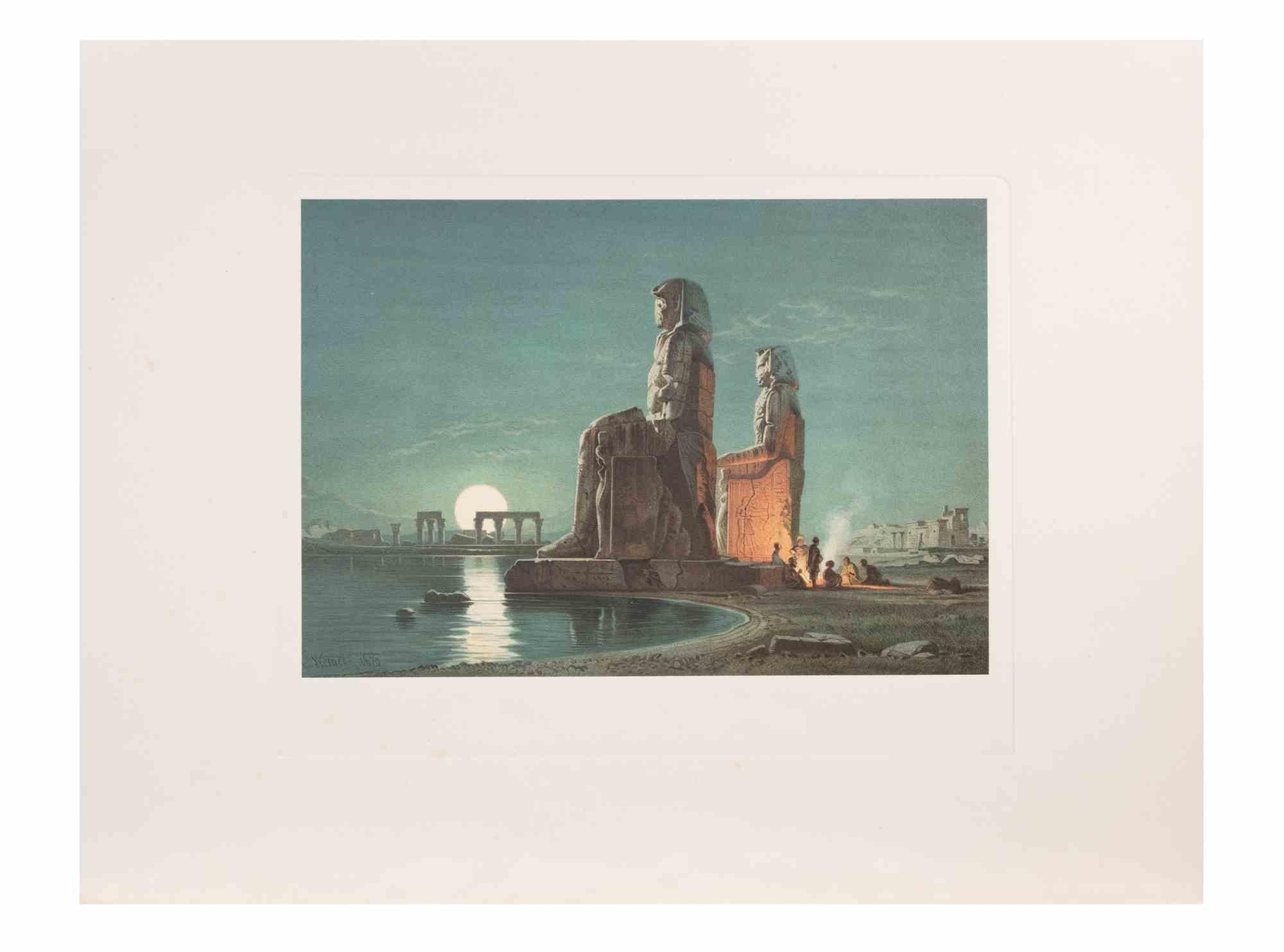 Night at Abu Simbel is a modern artwork realized d'apres Karl Werner. 

Mixed colored Chromolithograph. 

The artwork is after the watercolors realized by the artist during a trip to Egypt between 1862 and 1865.

This edition is from 1881.

Signed