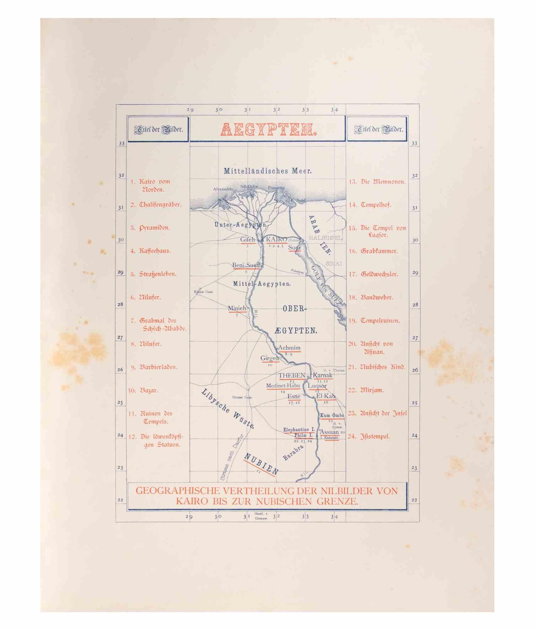 Nile trip map is a modern artwork realized d'apres Karl Werner.

Mixed colored cromolithograph. 

The artwork is after the watercolors realized by the artist during a trip to Egypt between 1862 and 1865.

This edition is from 1881.

Signed on plate.