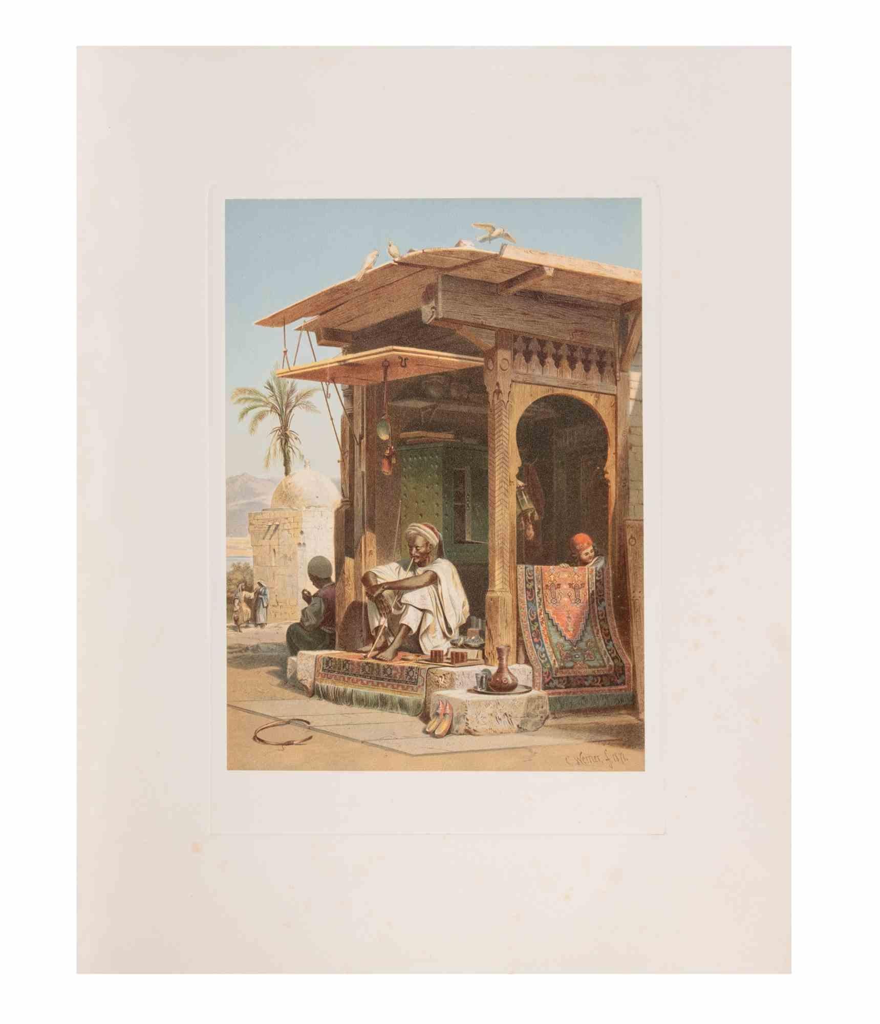 Oriental scene is a modern artwork realized d'apres Karl Werner 

Mixed colored Chromolithograph. 

The artwork is after the watercolor realized by the artist during a trip to Egypt between 1862 and 1865.

This edition is from 1881.

Signed on plate.
