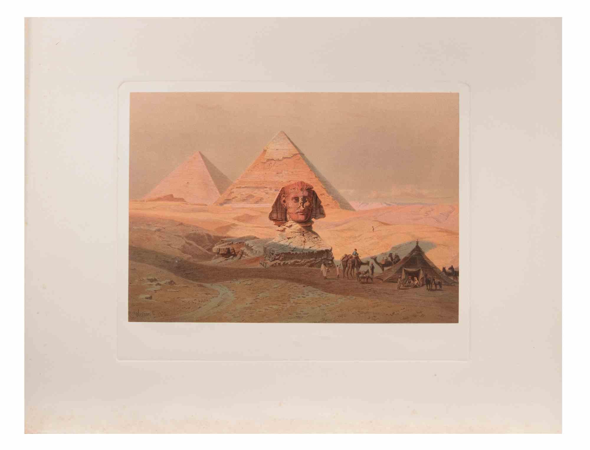Sphinx of Giza is a modern artwork realized d'apres Karl Werner 

Mixed colored cromolithograph. 

The artwork is after the watercolors realized by the artist during a trip to Egypt between 1862 and 1865.

This edition is from 1881.

Signed on plate.