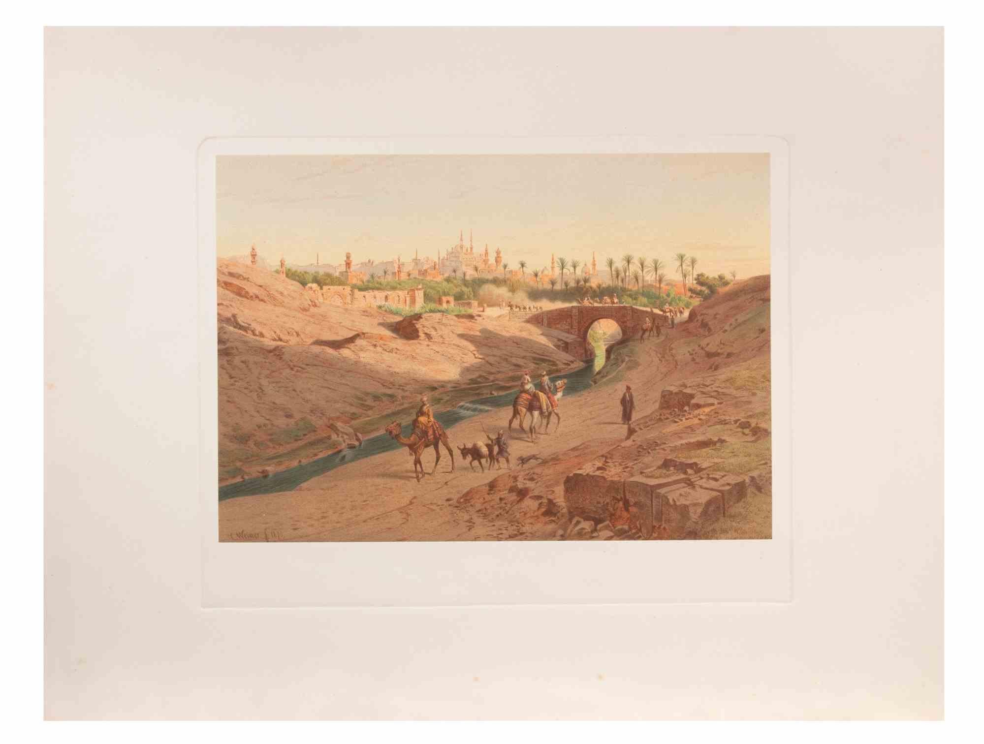 Walking along the Nile is a modern artwork realized d'apres Karl Werner.

Mixed colored cromolithograph. 

The artwork is after the watercolors realized by the artist during a trip to Egypt between 1862 and 1865.

This edition is from 1881.

Signed