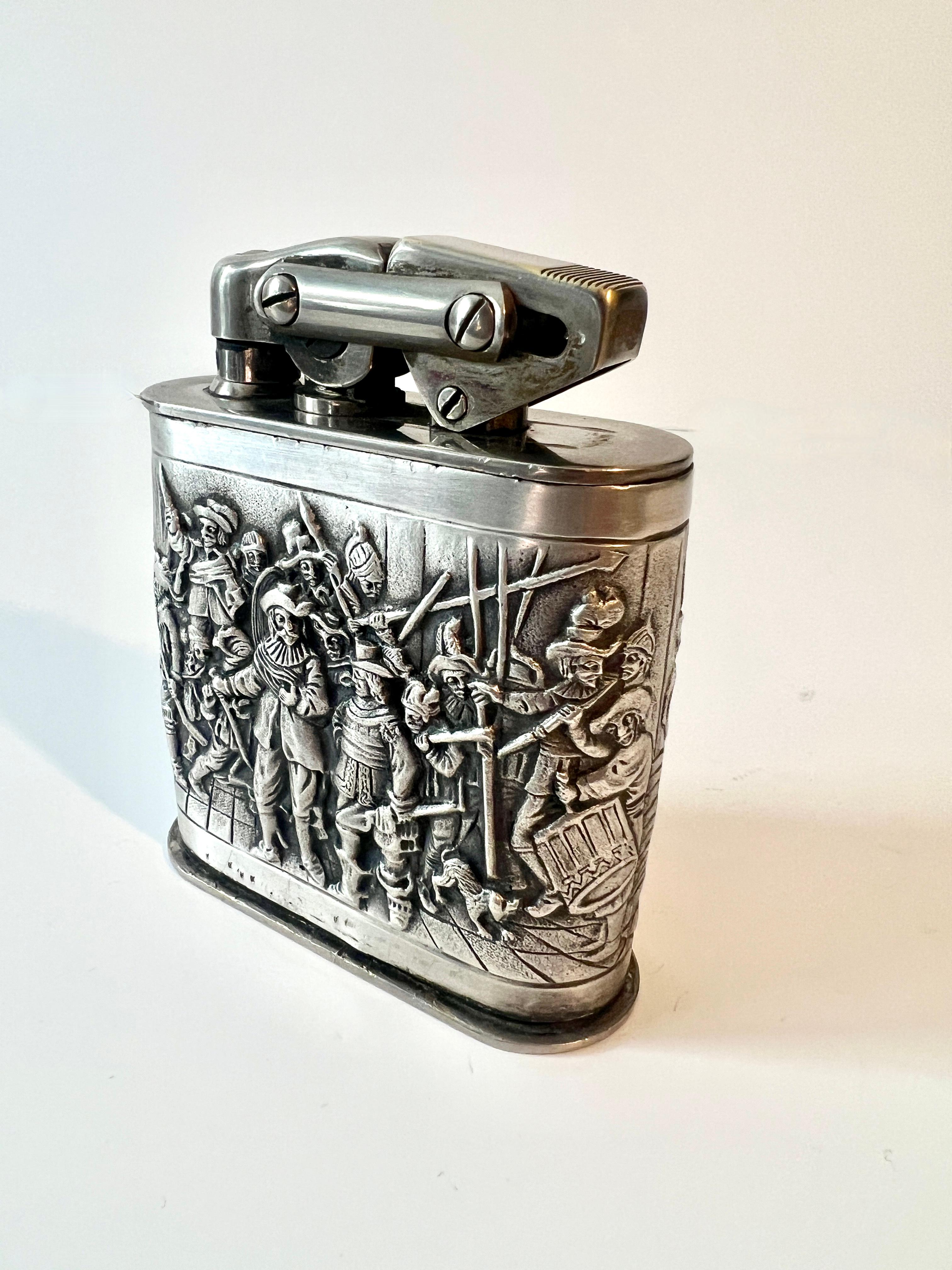 Hand-Crafted Karl Wieden German Silver Plated Repoussé Night Watch Cigar 420 Table Lighter For Sale