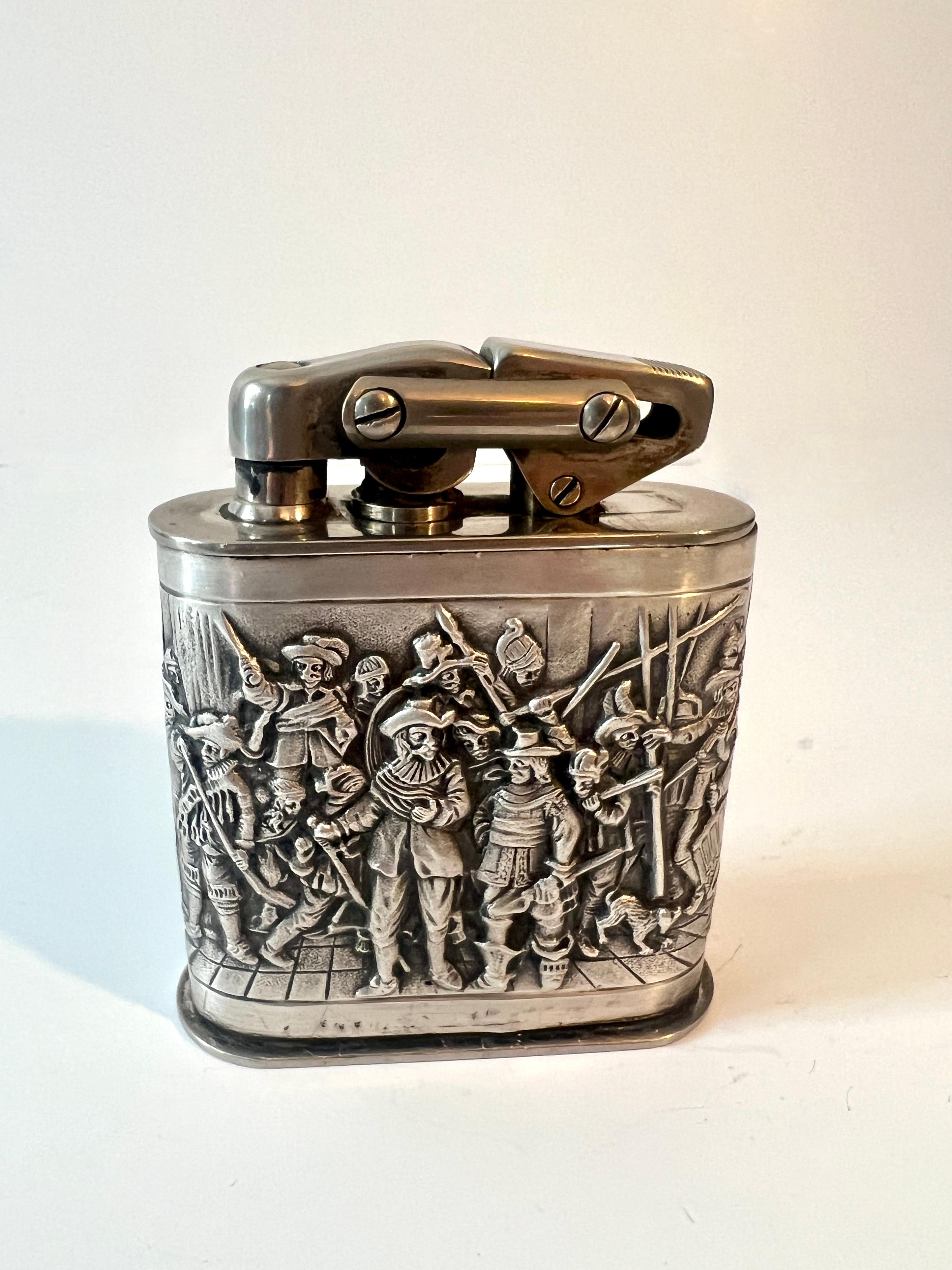 Karl Wieden German Silver Plated Repoussé Night Watch Cigar 420 Table Lighter In Good Condition For Sale In Los Angeles, CA