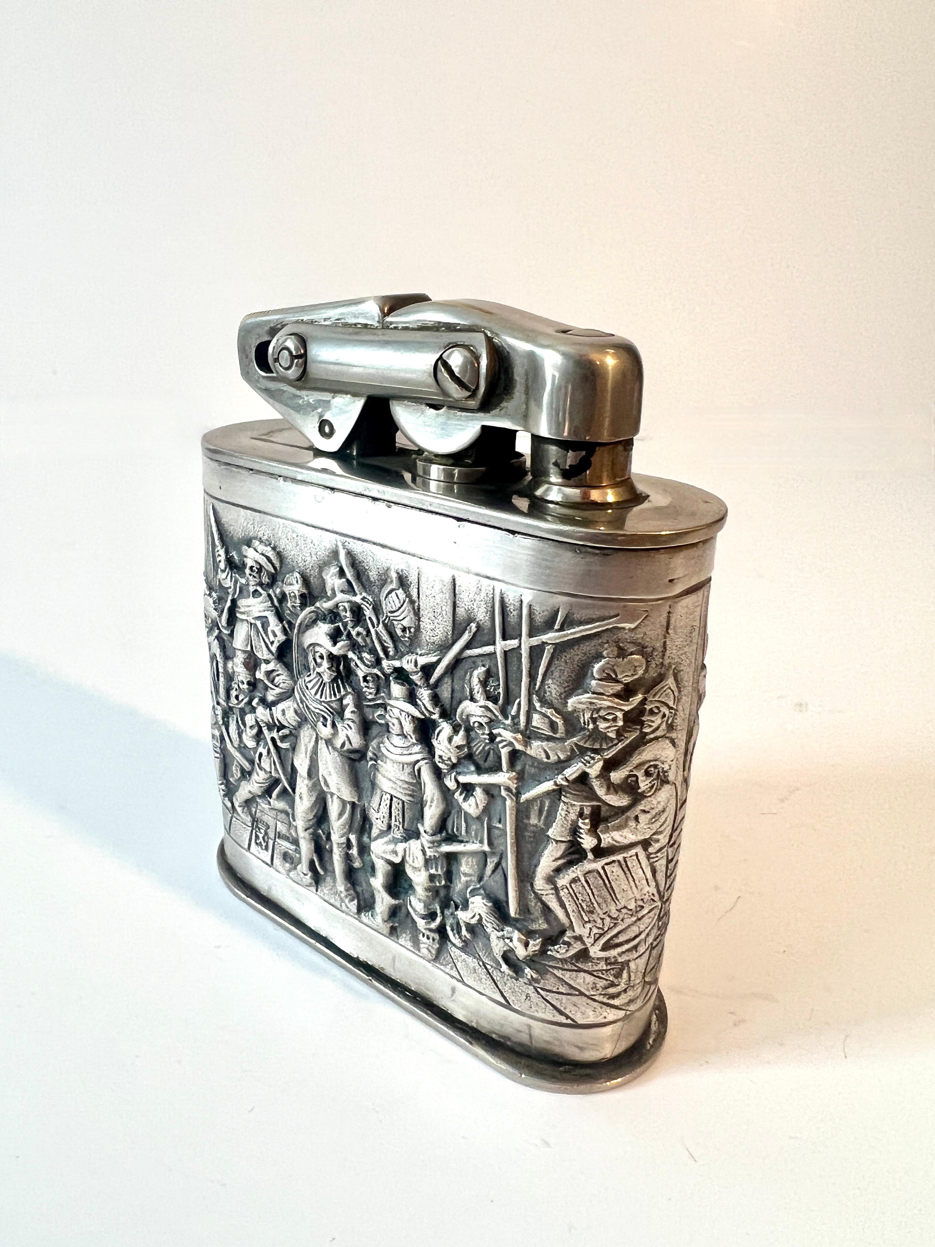 20th Century Karl Wieden German Silver Plated Repoussé Night Watch Cigar 420 Table Lighter For Sale